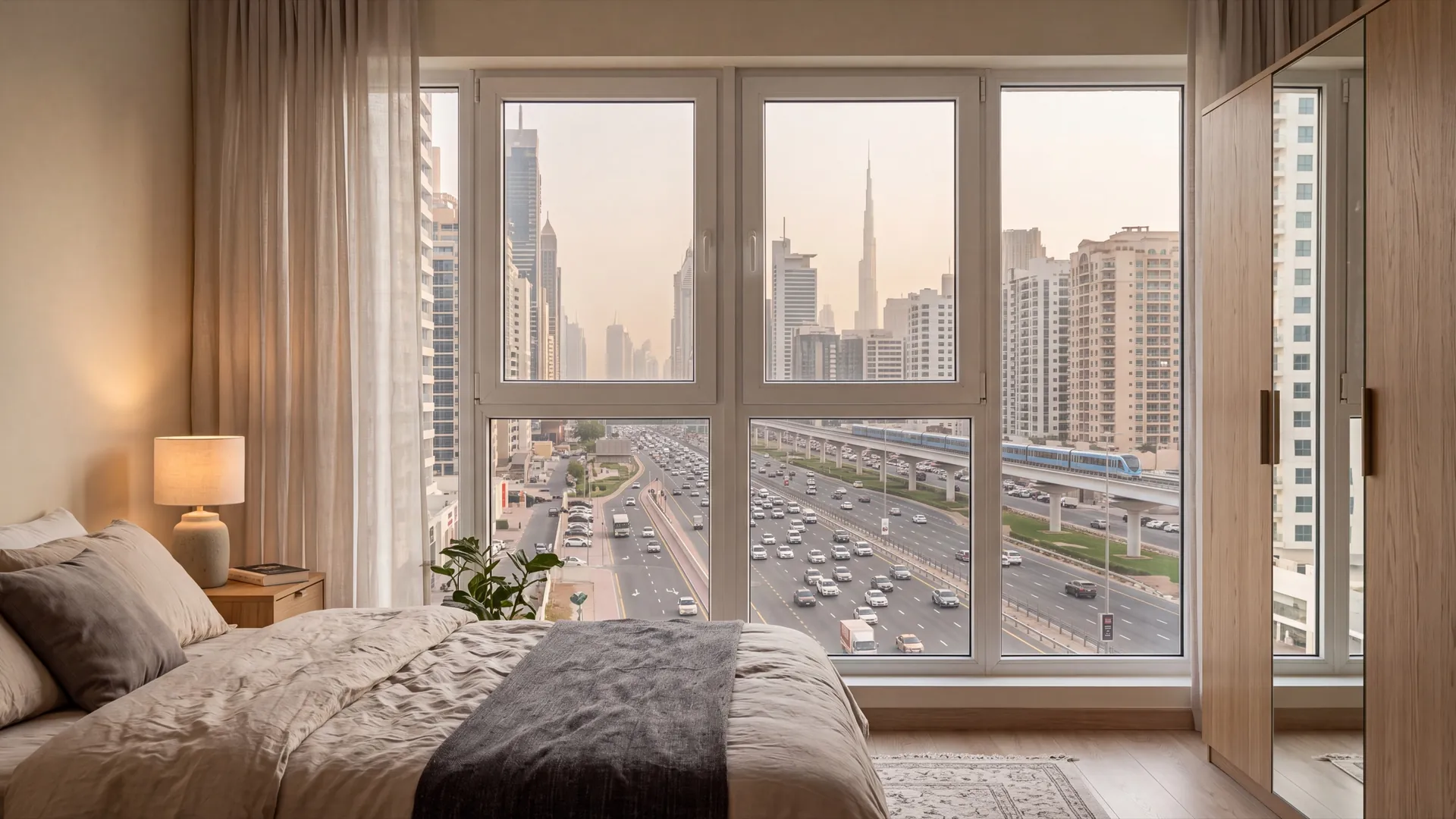 Quiet bedroom in a Dubai apartment with a white uPVC casement window closed against a busy multi-lane road outside