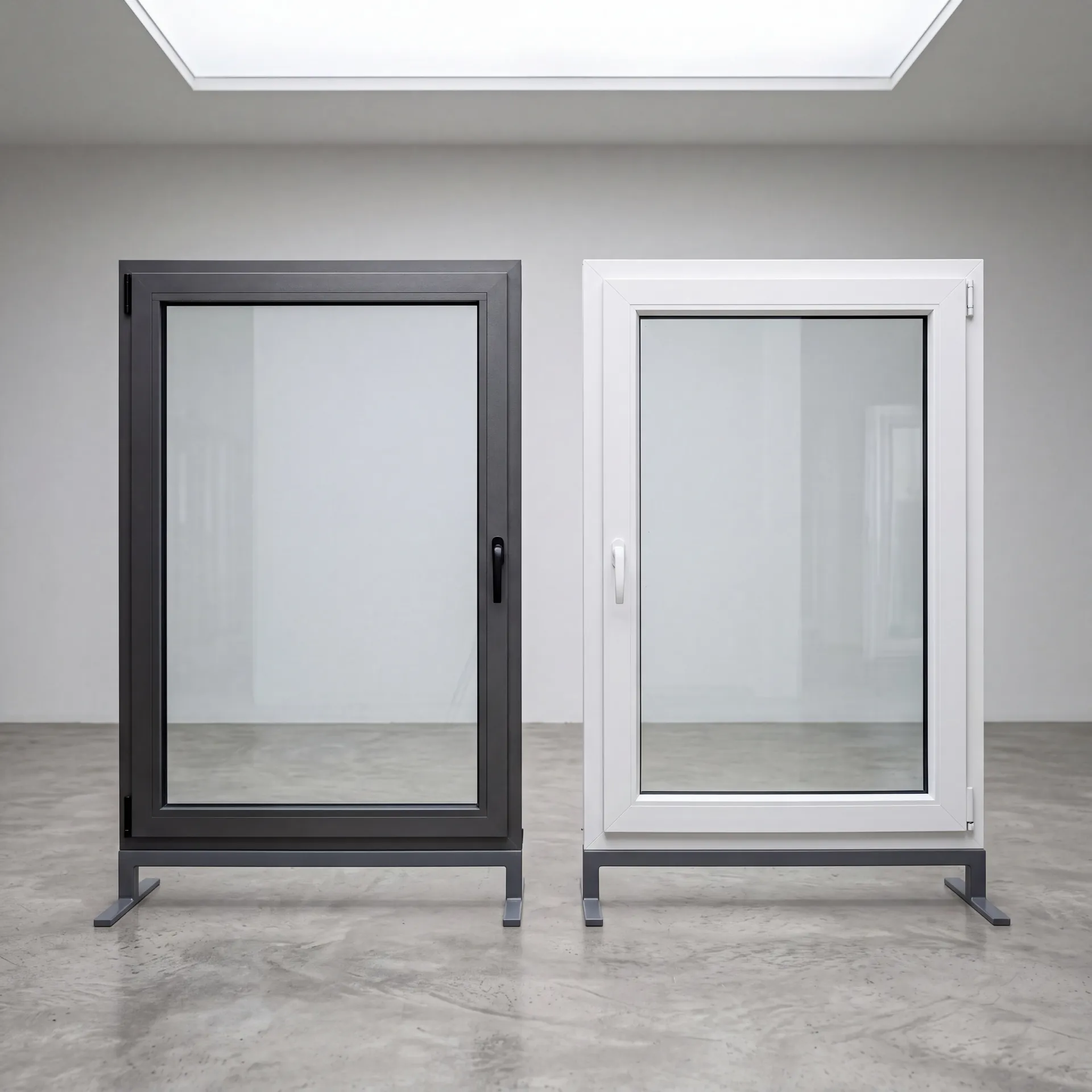 Two window samples side by side, a slim dark anodised aluminium frame and a white multi-chamber uPVC frame, on a neutral studio background