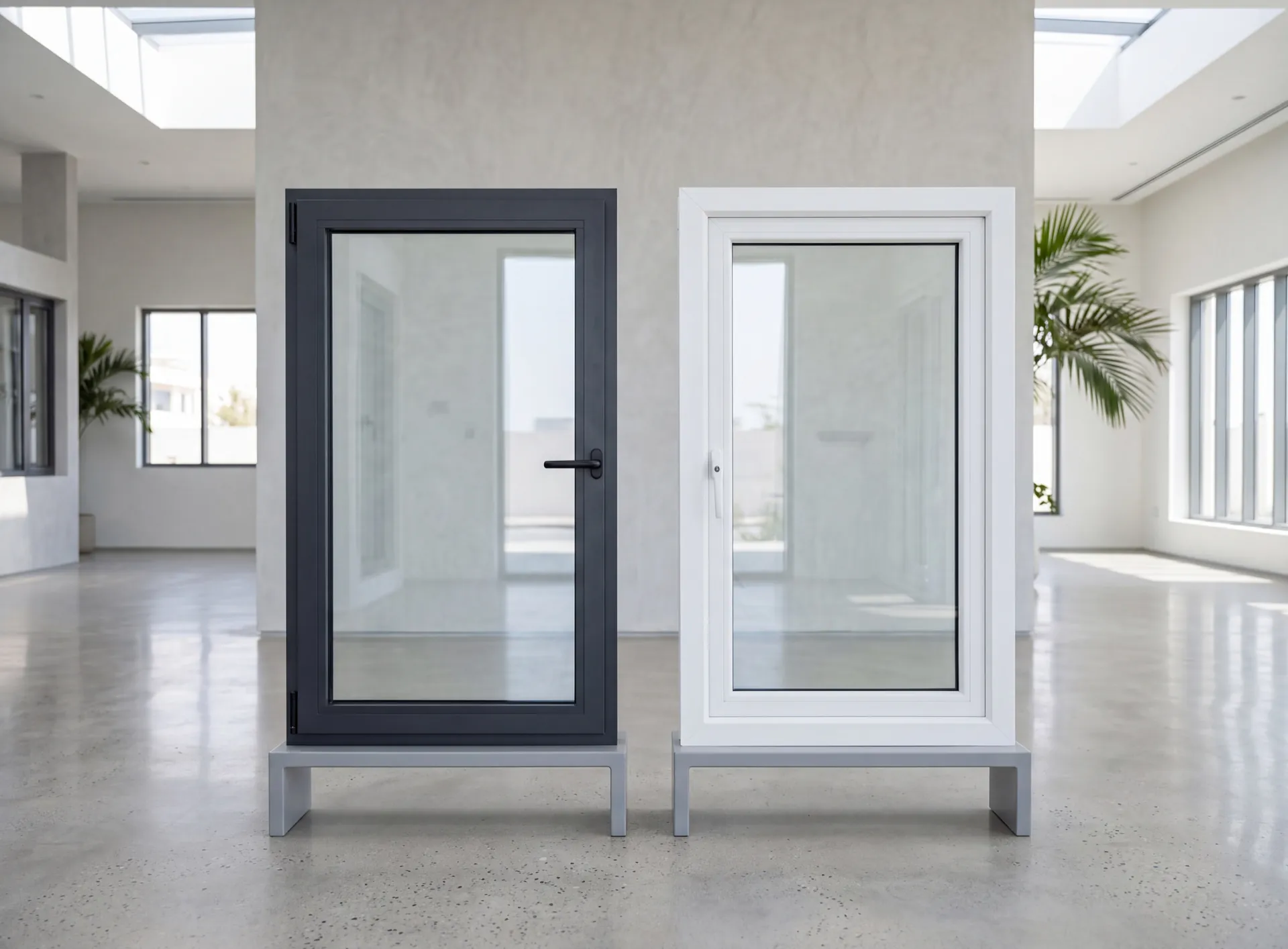 Two window samples side by side, a slim dark anodised aluminium frame and a white multi-chamber uPVC frame, on a neutral studio background