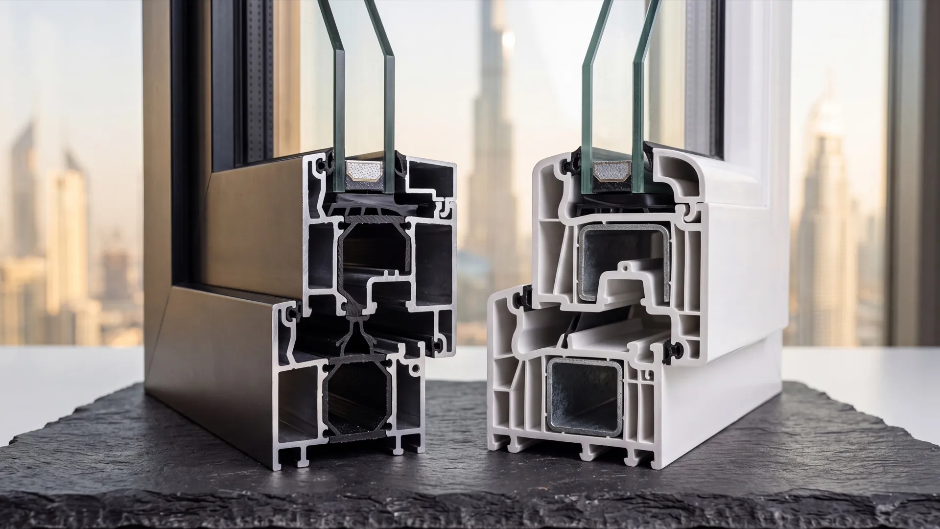 Two window profile cross-sections side by side: dark anodised aluminium with a polyamide thermal break, and white uPVC with a steel reinforcement inside the chamber