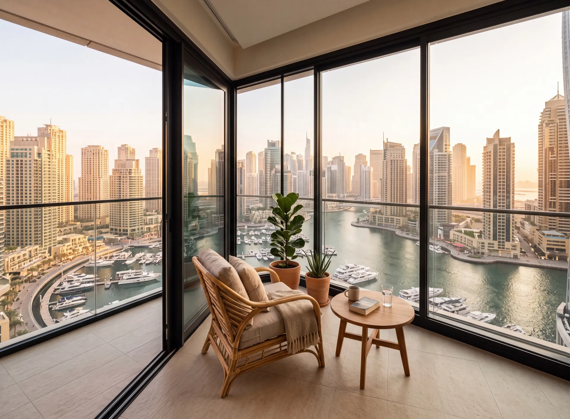 Enclosed apartment balcony in a Dubai tower glazed with slim aluminium sliding frames, tiled floor and city towers beyond the glass