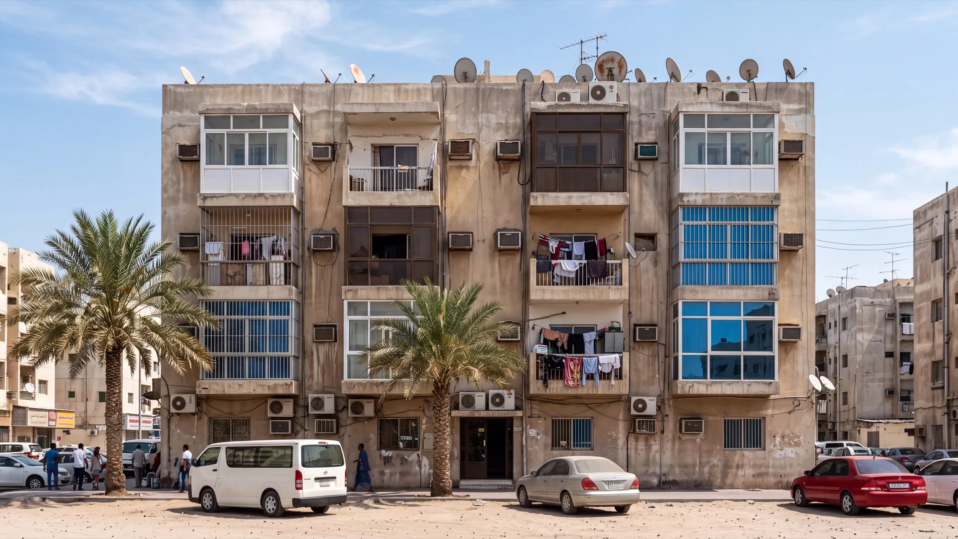 Older low-rise residential block in the UAE where balconies have been enclosed at different times with mismatched white and brown frames