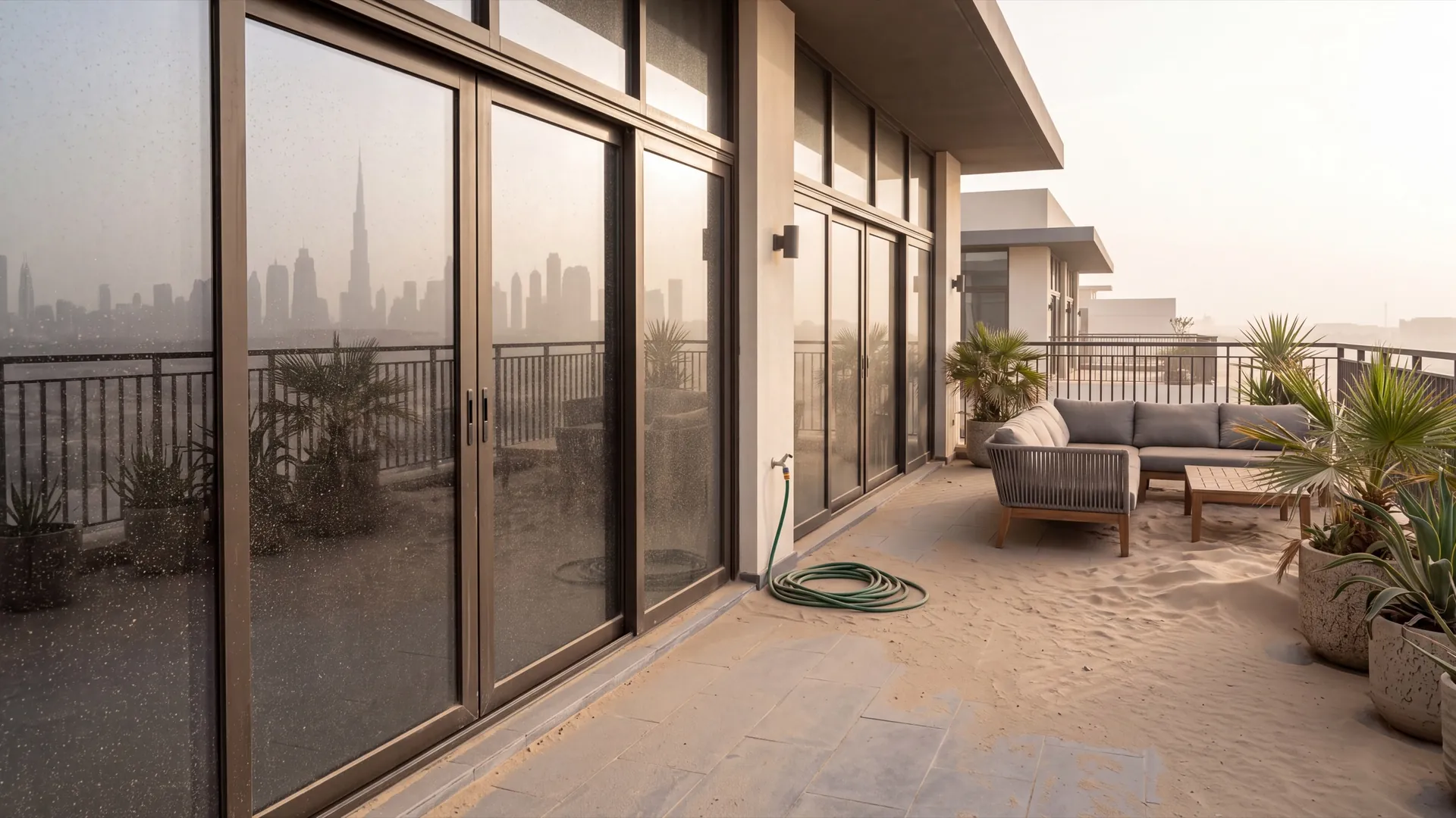 Dubai villa terrace and its aluminium glazing covered in fine beige dust the morning after a sandstorm