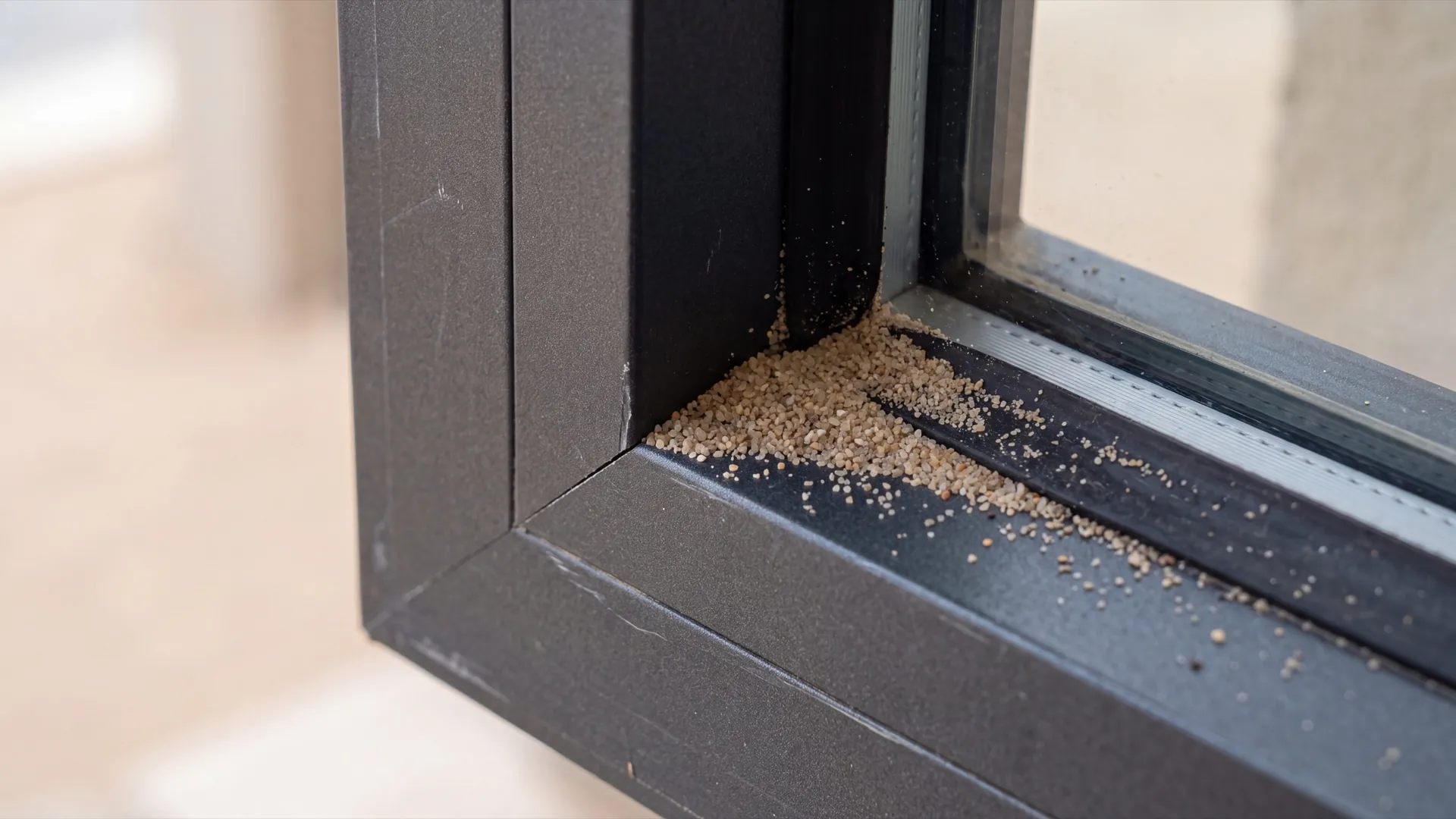 Fine sand caught along the sealing channel of a dark anodised aluminium window sash, close view