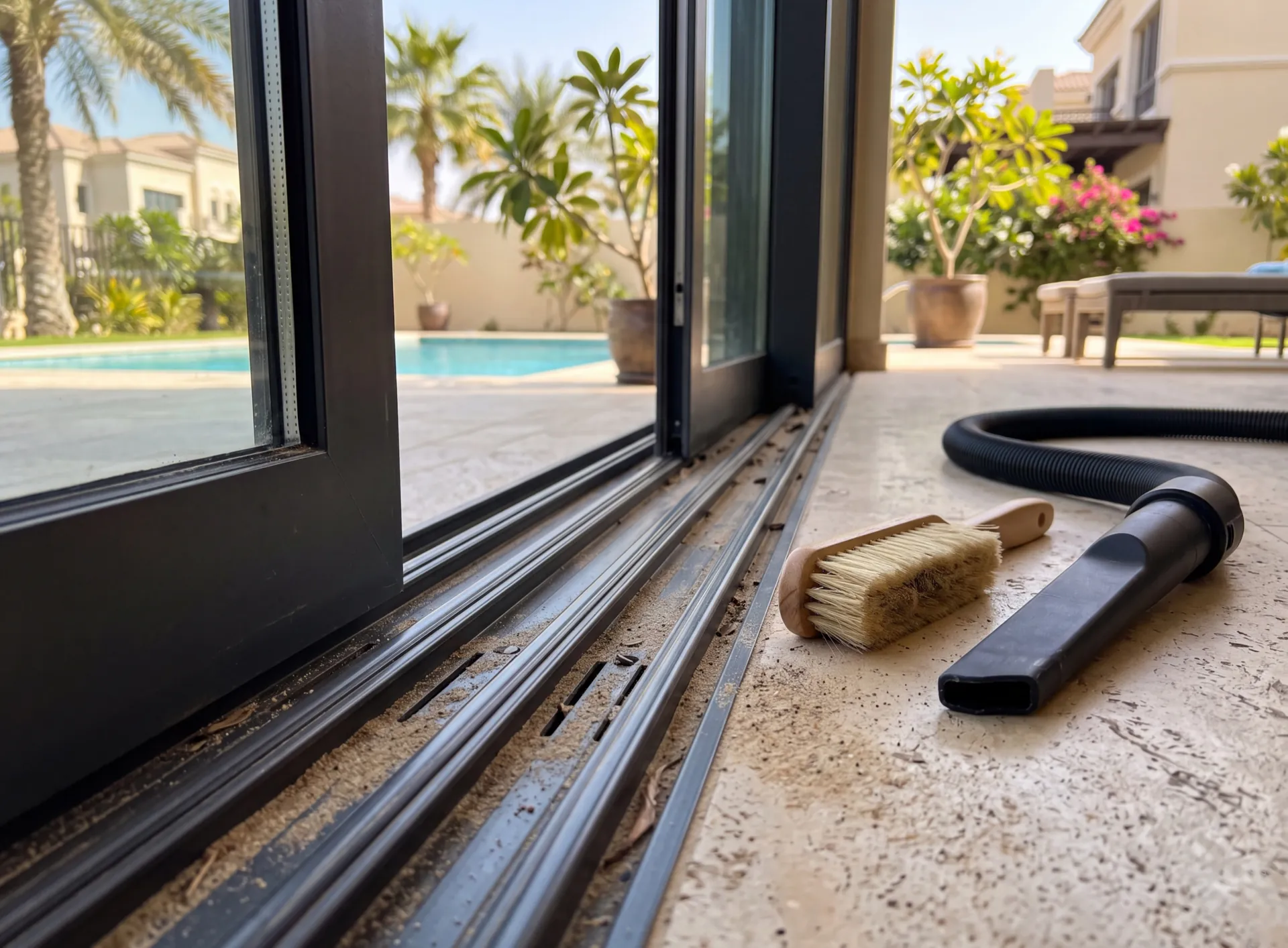 Soft brush and vacuum nozzle beside the open bottom track of a large aluminium sliding door on a Dubai villa terrace