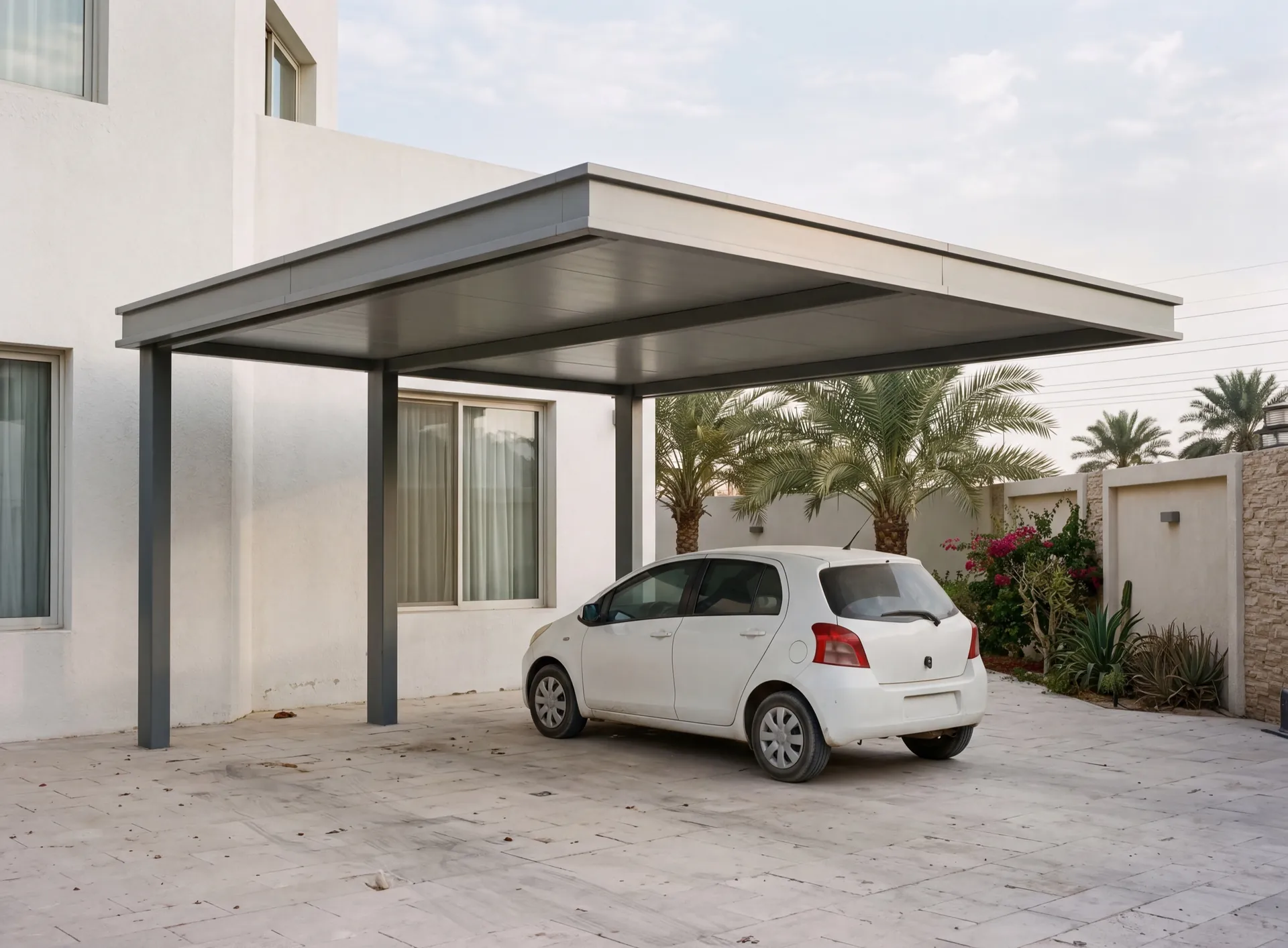 Cantilevered aluminium carport with no front posts beside a modern Dubai villa, a car parked in its shade on a pale stone driveway