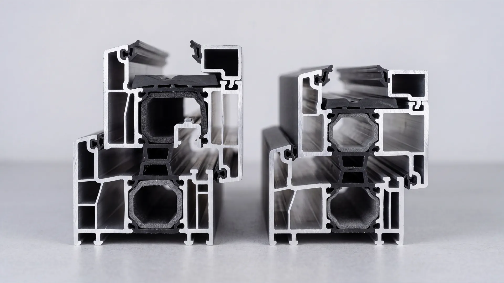Macro view of two thermally broken aluminium profile cross-sections side by side showing the polyamide barrier and gaskets
