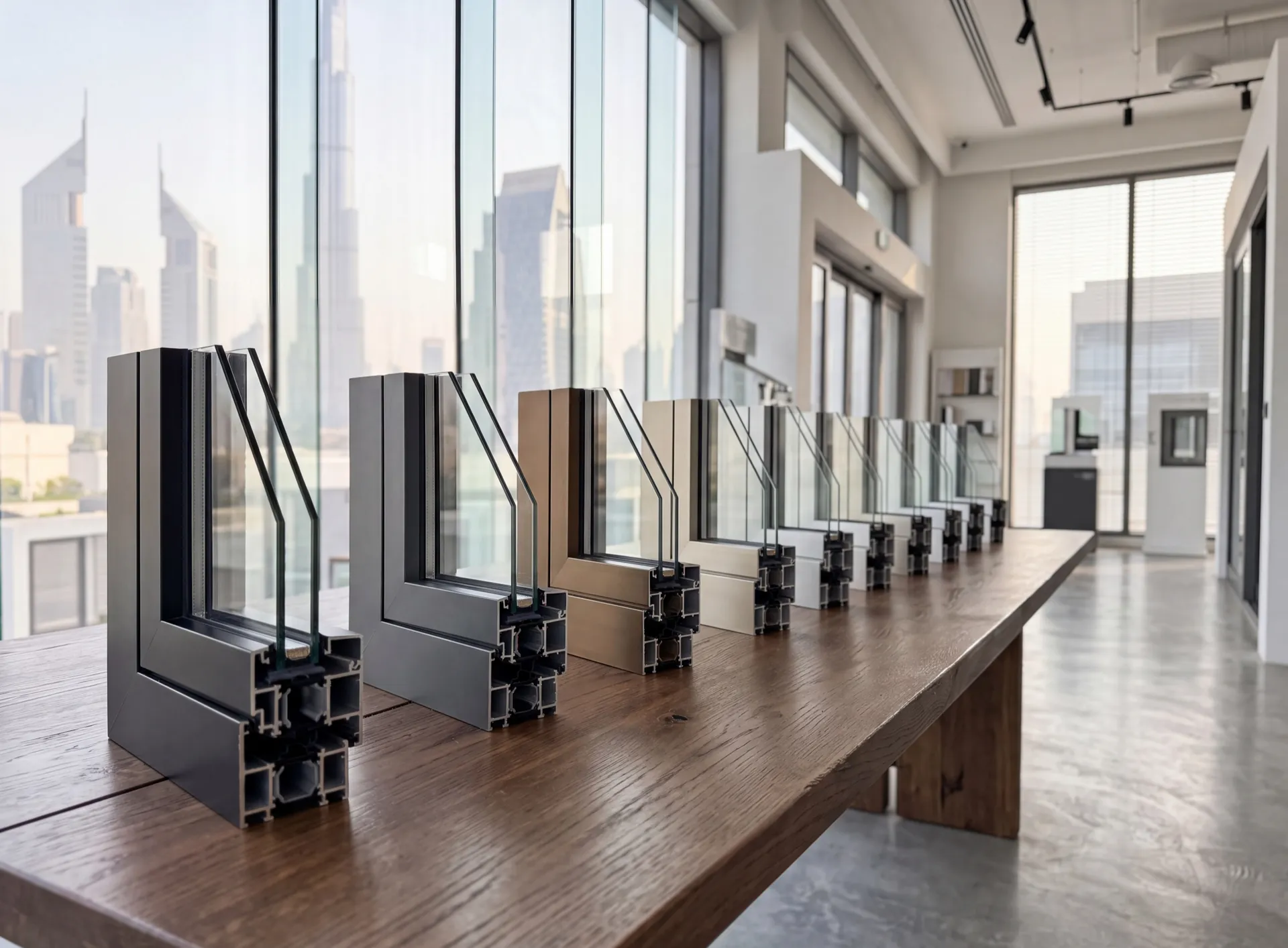 Row of aluminium window profile sections standing side by side in a Dubai showroom in different depths and finishes
