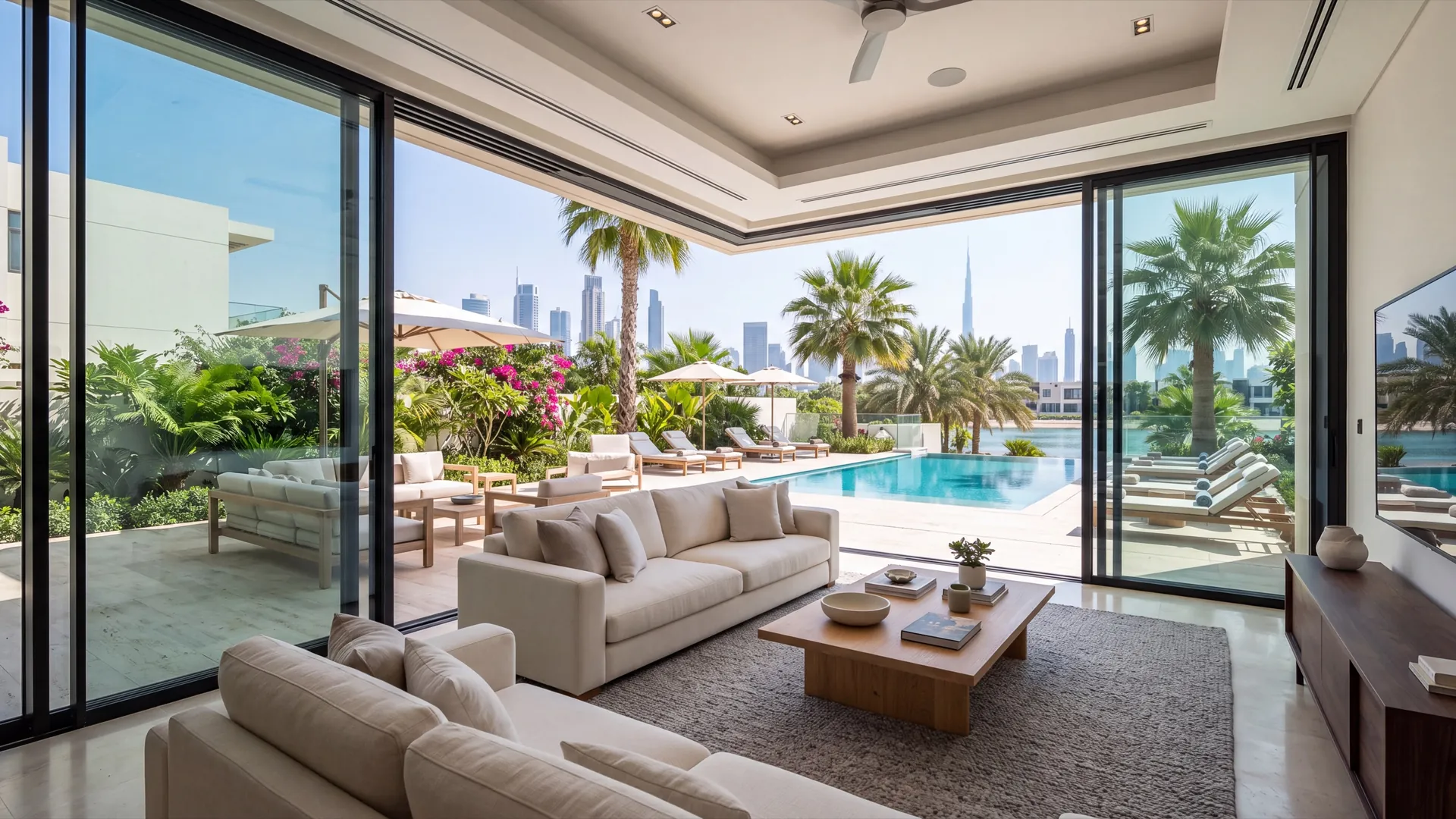 Wide aluminium sliding door with tall glass leaves spanning a Dubai villa living room wall onto a pool terrace