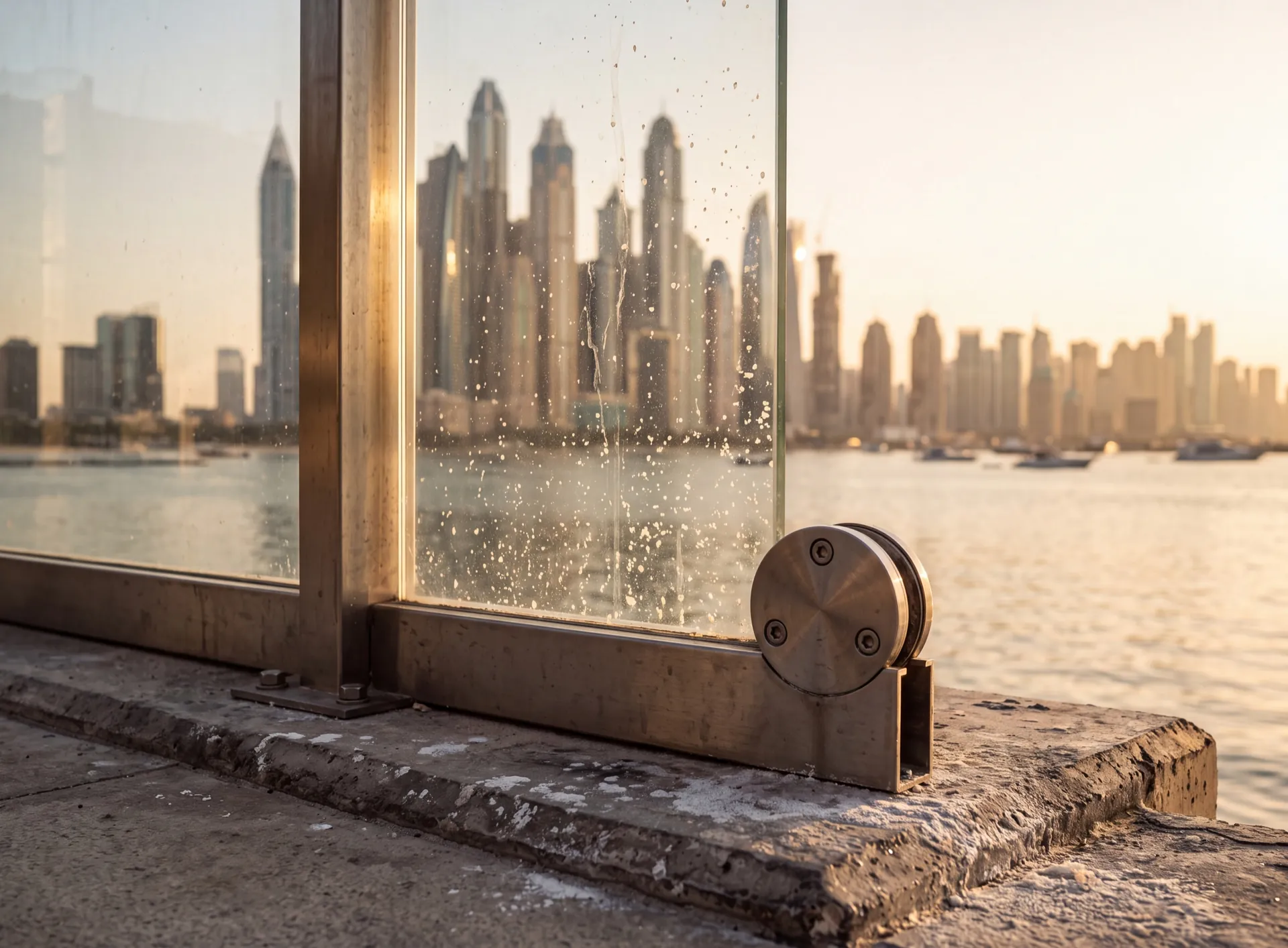 Seafront glass balustrade in Dubai with dried salt spray on the panels and stainless fixings, the skyline visible across the water