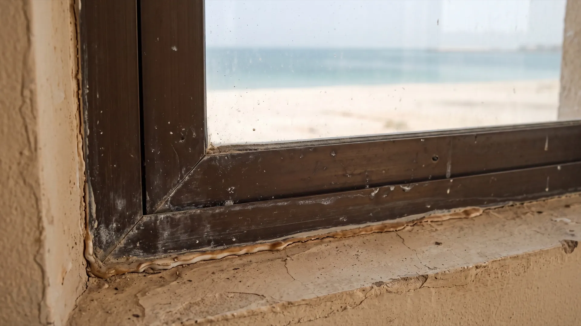 Faded chalky paint and white salt bloom on the corner of an old metal window frame on a seafront building in the UAE
