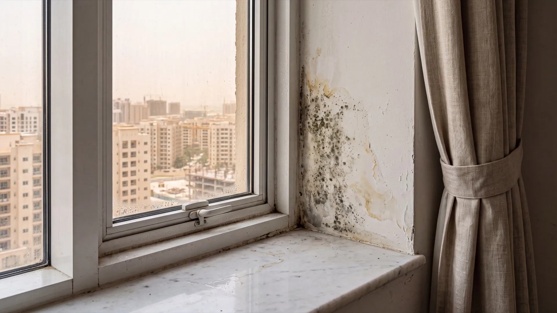 Damp staining and mould in the plaster corner of a window reveal behind a pulled-back curtain in a Dubai apartment
