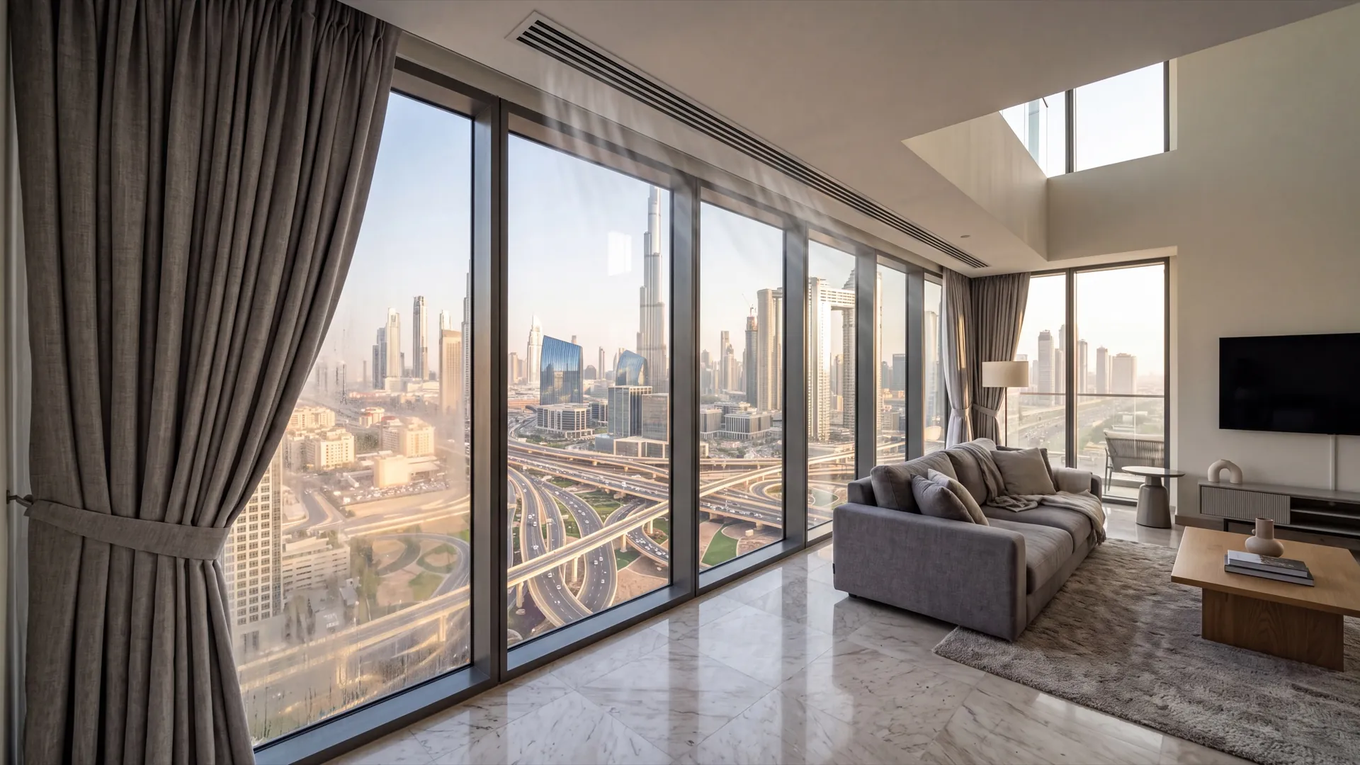 Ceiling air-conditioning outlet running along a floor-to-ceiling glazed wall in a Dubai apartment with a curtain hanging close to the glass