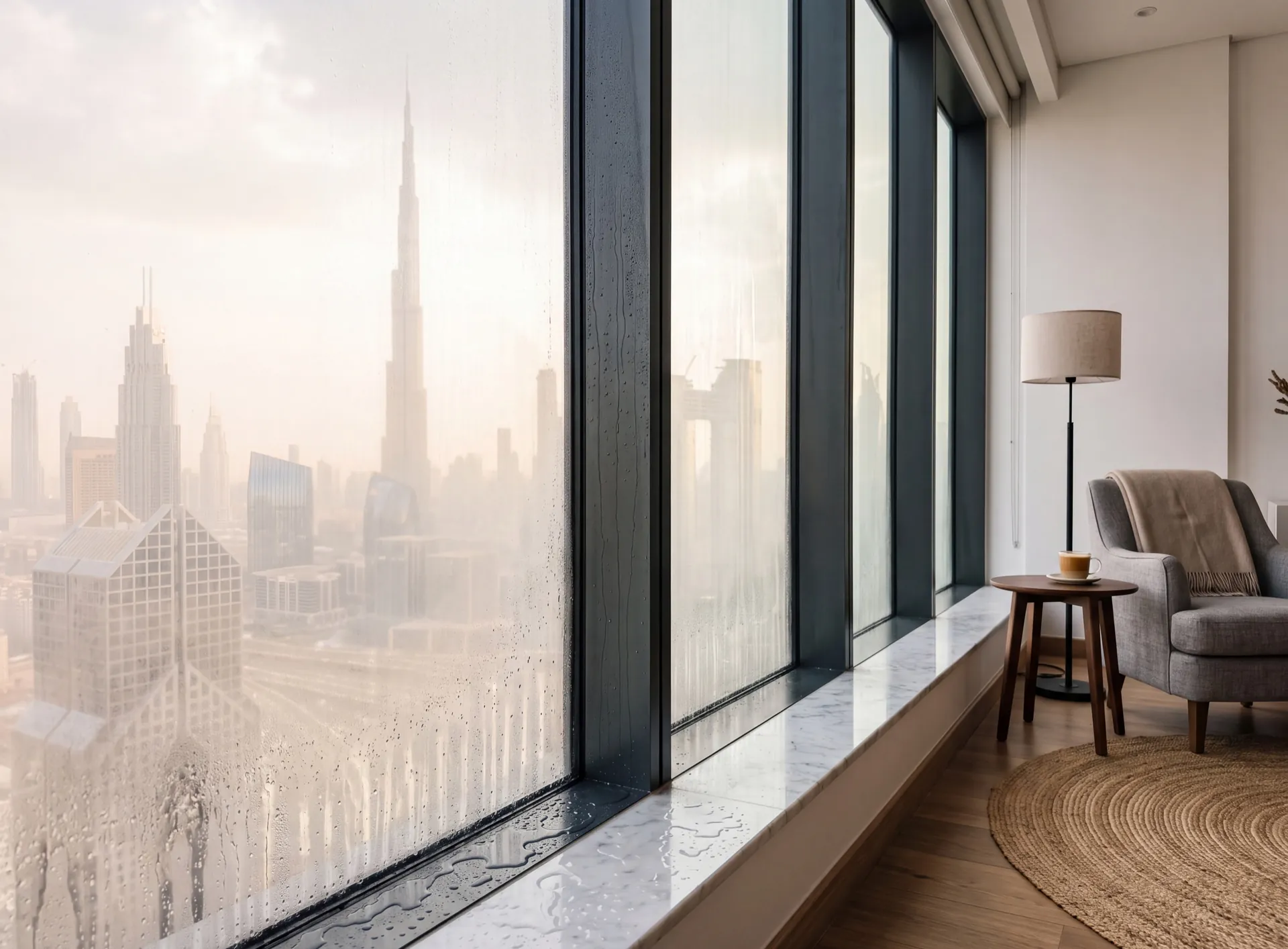 Condensation running down a tall aluminium framed window in a Dubai apartment with water standing on the marble sill