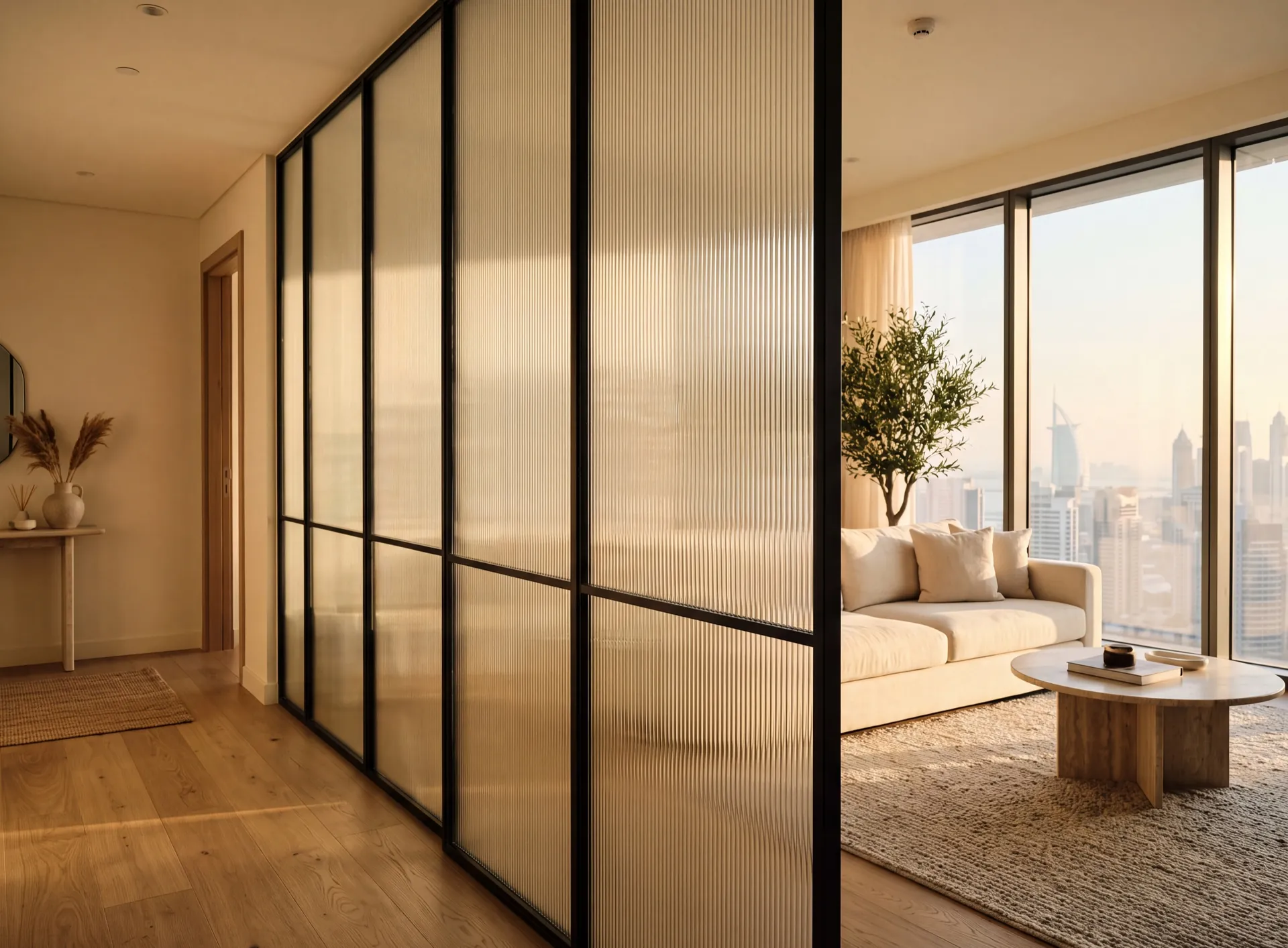 Fluted reeded glass partition in a Dubai apartment separating a hallway from the living room, warm light refracting through the vertical ribs