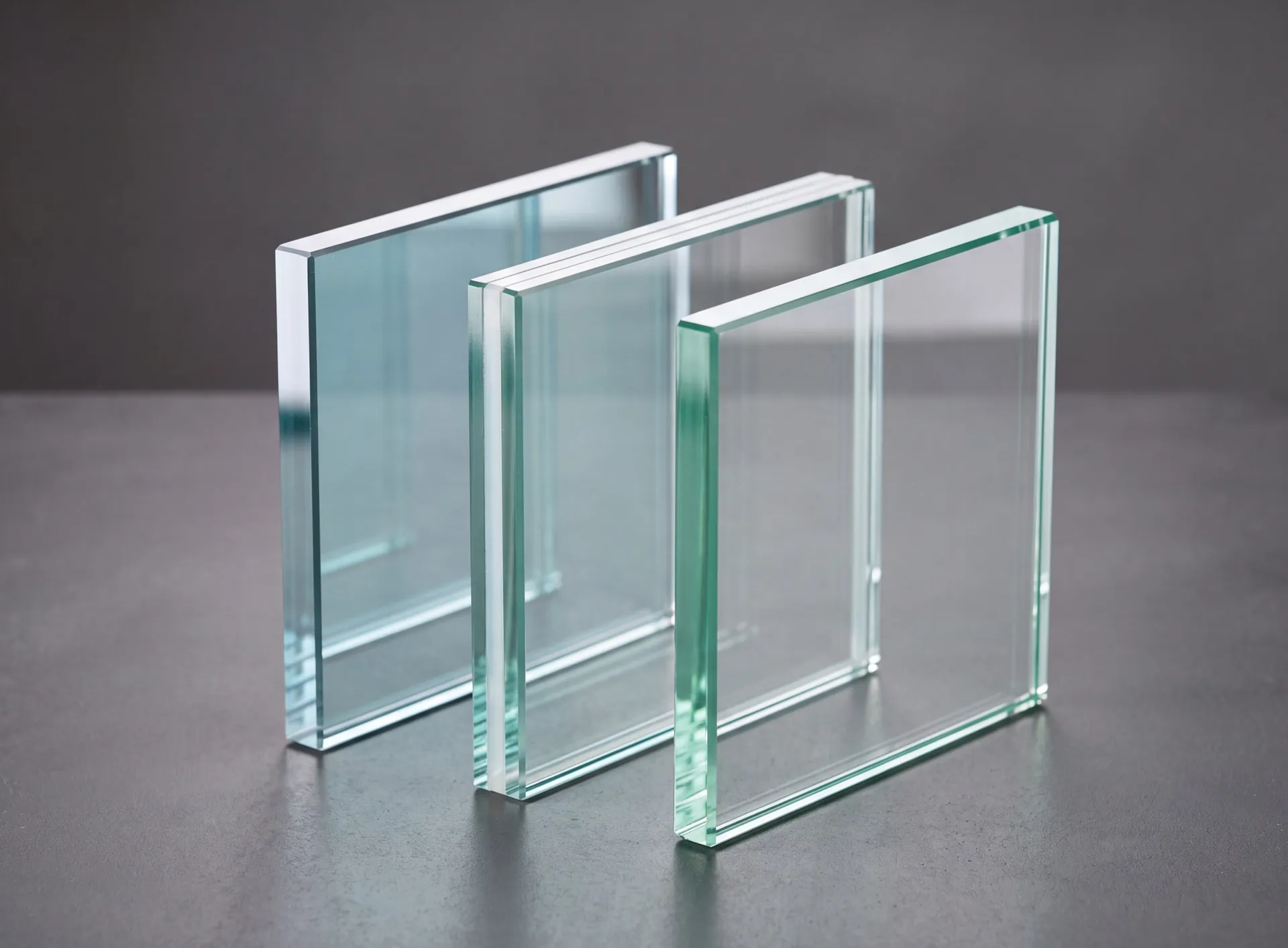 Architectural glass samples standing on edge showing a clear pane, a laminated pane with a visible interlayer and a low-E coated pane with a faint blue-green tint