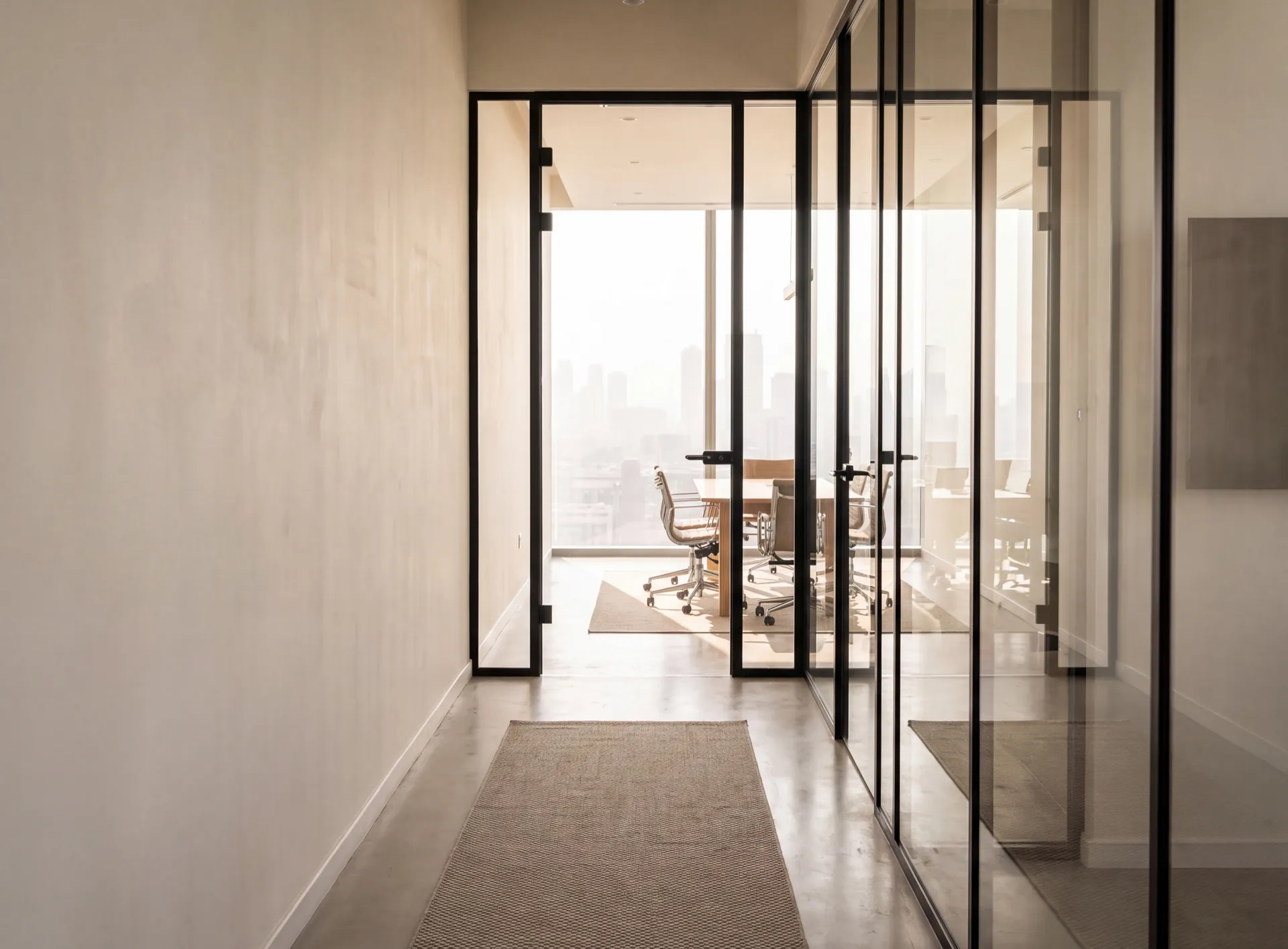 Dubai office interior where a solid plasterboard wall meets a full-height glass partition, contrasting the closed side with the daylit glazed side