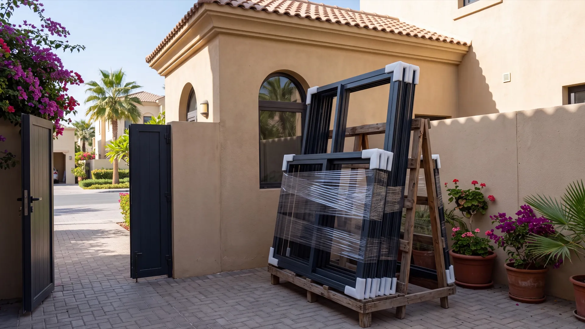 Stacked aluminium window frames wrapped in foam and film standing in the shaded side yard of a Dubai villa beside the gate