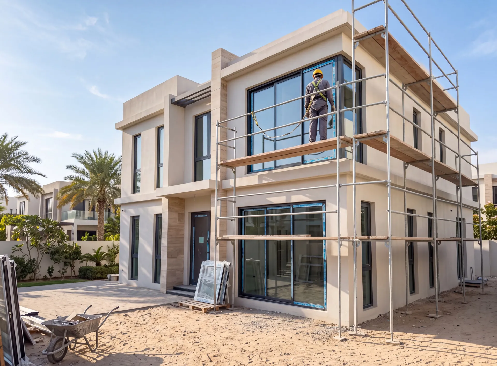 Two-storey Dubai villa with light scaffolding along one elevation and newly fitted aluminium windows still wrapped in protective film
