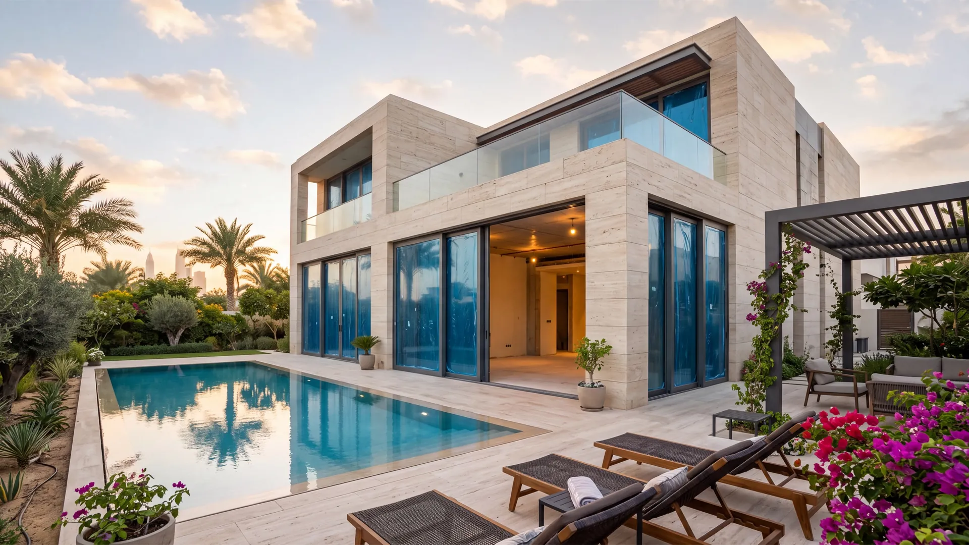 Rear elevation of a Dubai villa with wide aluminium sliding doors opening onto a pool terrace, frames still carrying protective film