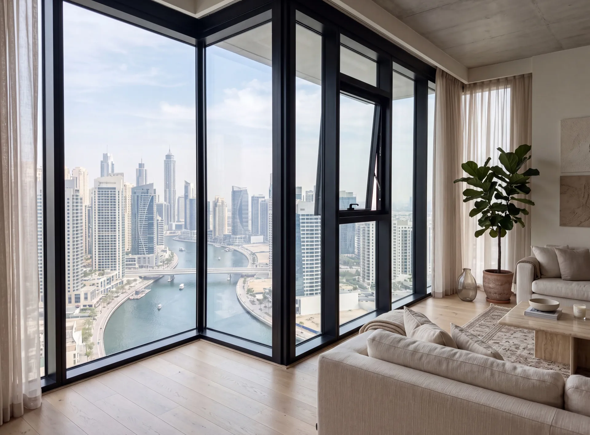 Aluminium windows in a Dubai apartment with the city beyond the glass