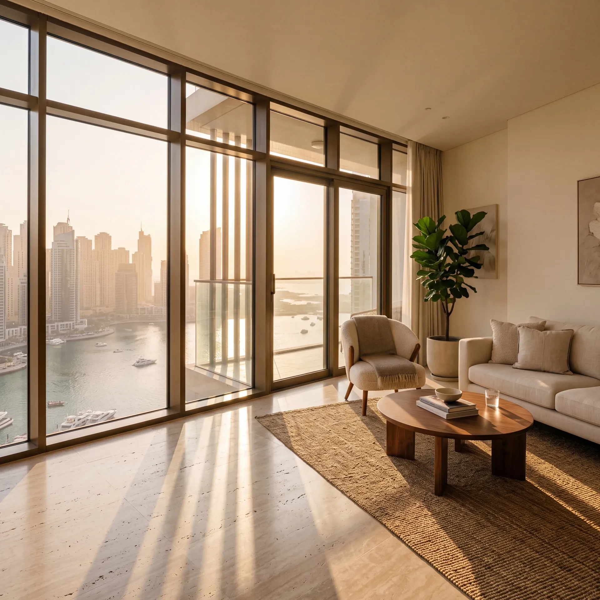 Living room of a Dubai apartment with floor-to-ceiling aluminium framed glazing and low afternoon sun across the floor
