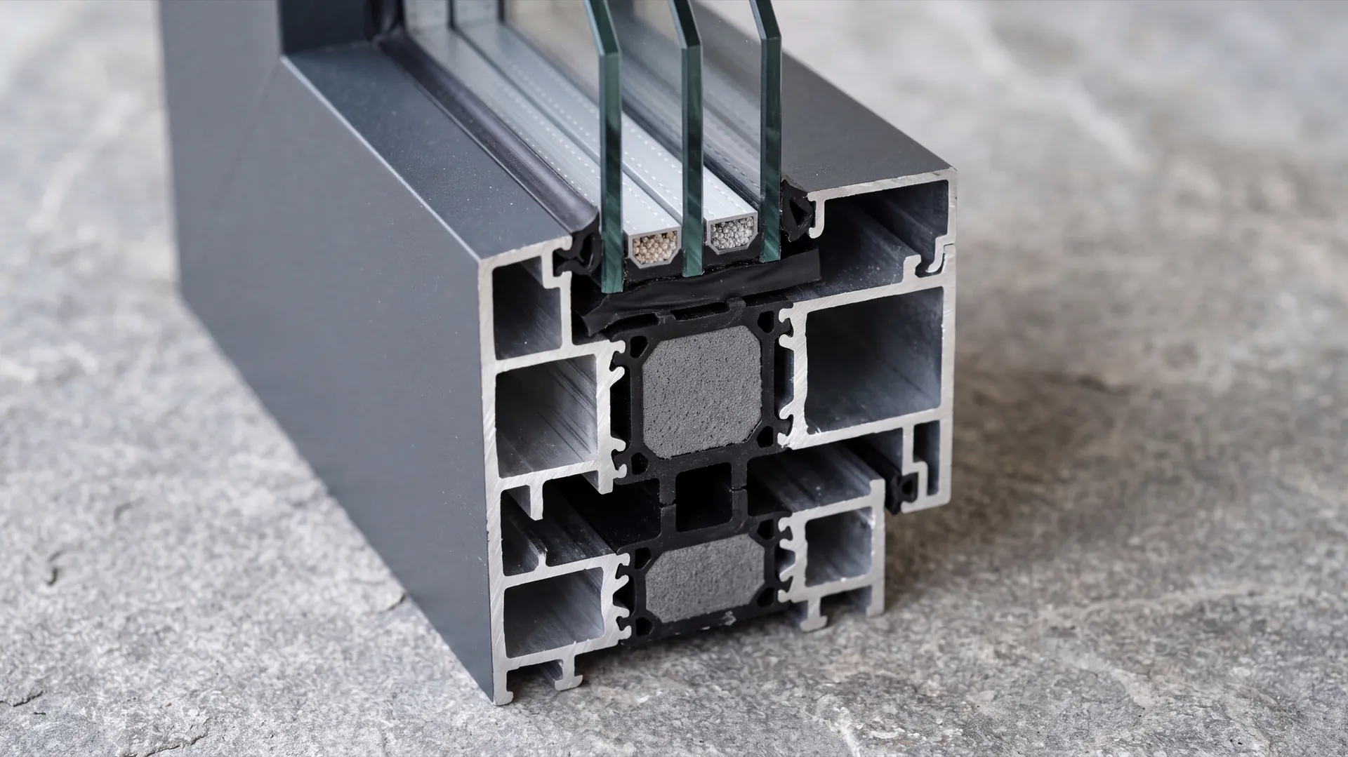 Cut section of a thermally broken aluminium window profile showing the insulating bars between the outer and inner shells