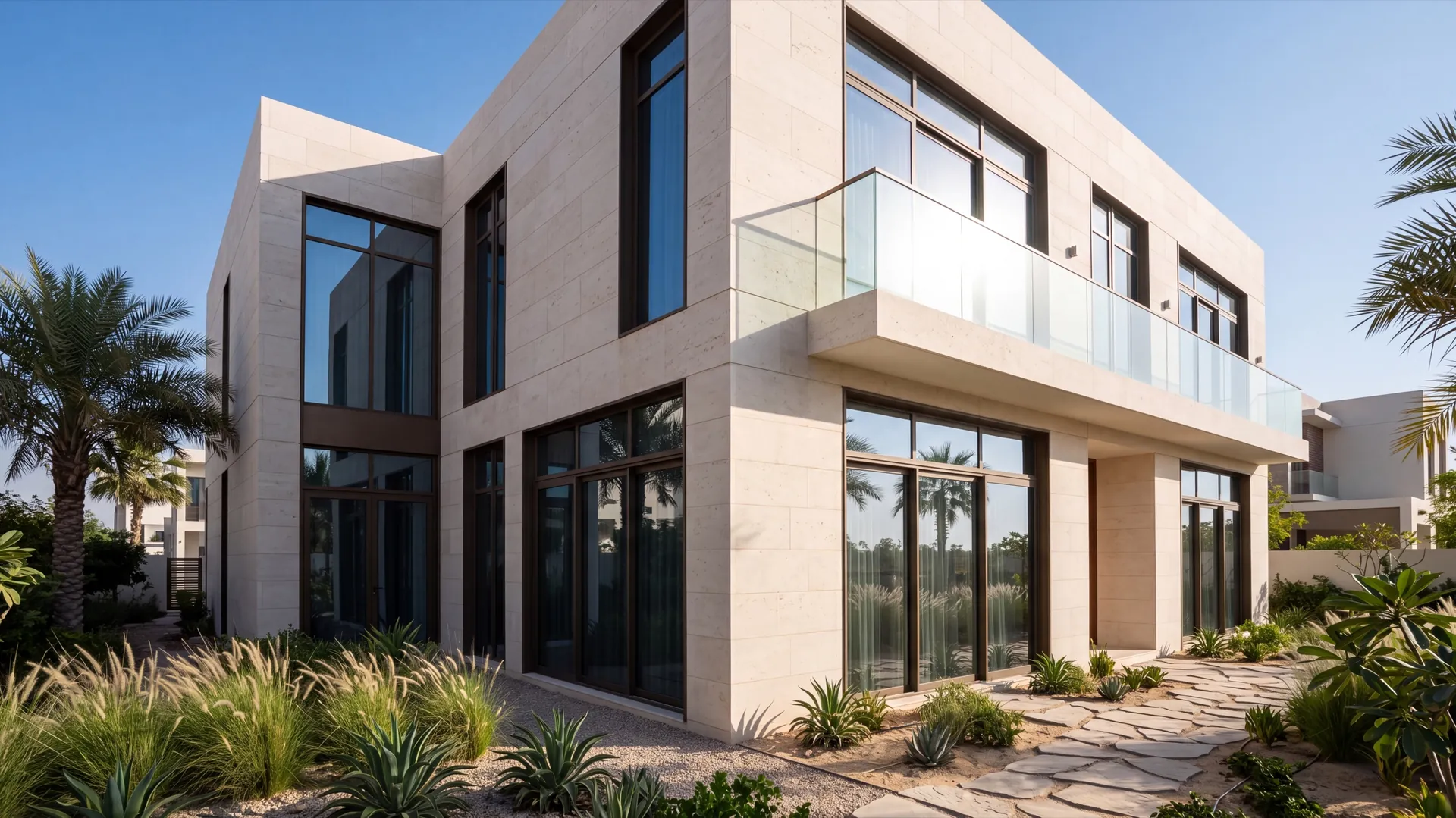 West elevation of a Dubai villa in full late afternoon sun beside a north elevation standing in shade