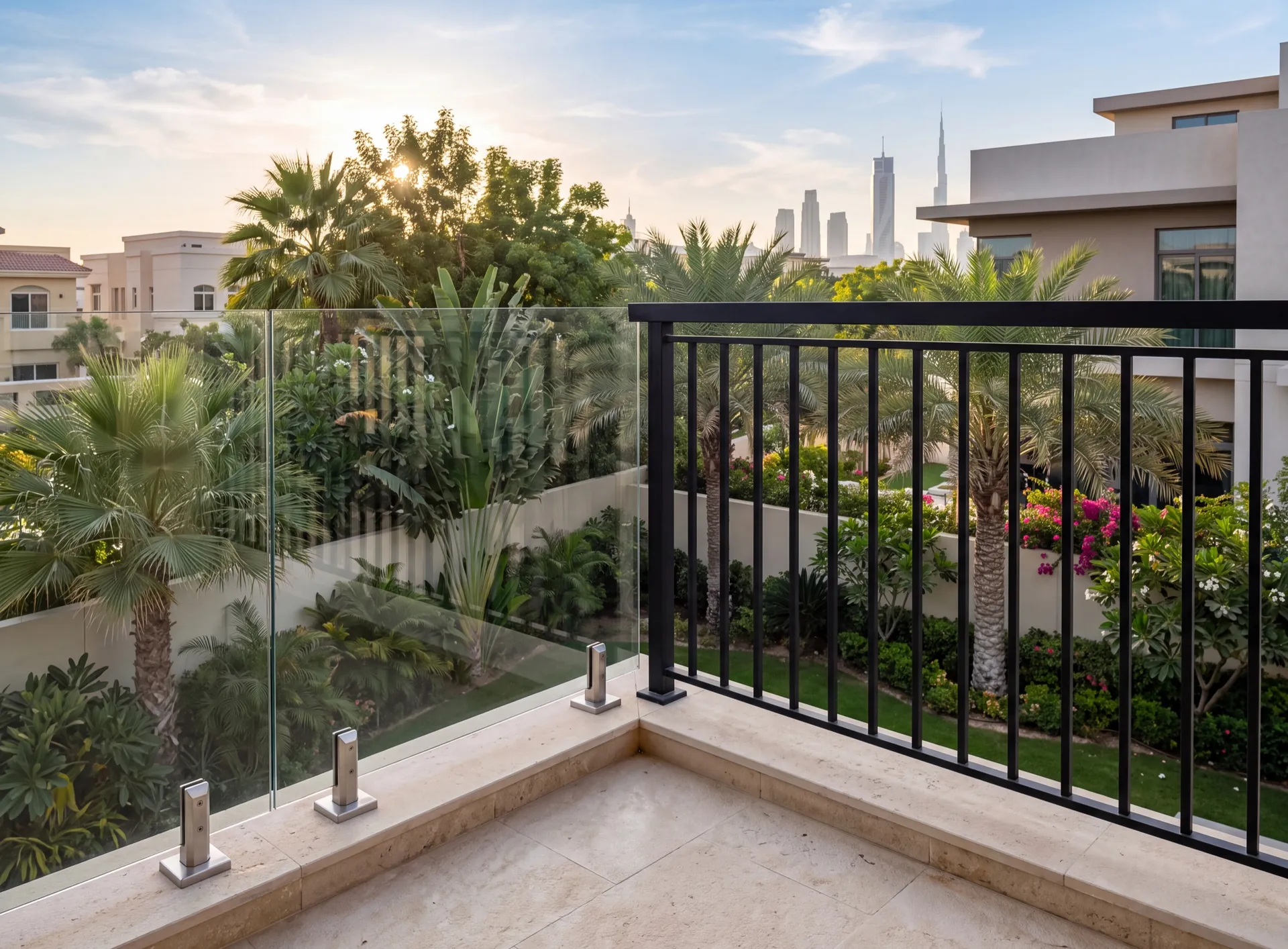 Corner of a Dubai villa terrace where a frameless glass balustrade on stainless spigots meets a black powder-coated metal railing with vertical bars