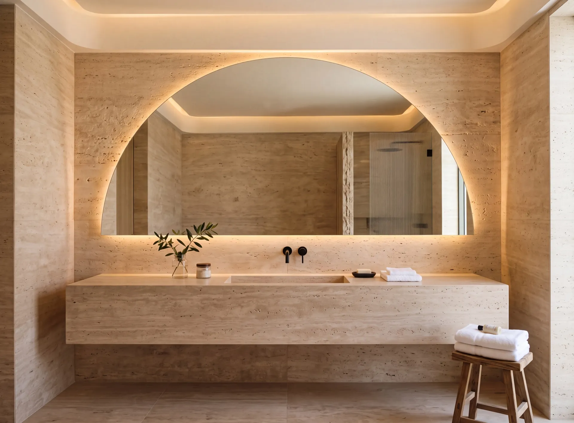 Large custom-shaped mirror with concealed LED backlighting above a stone vanity in a modern Dubai bathroom