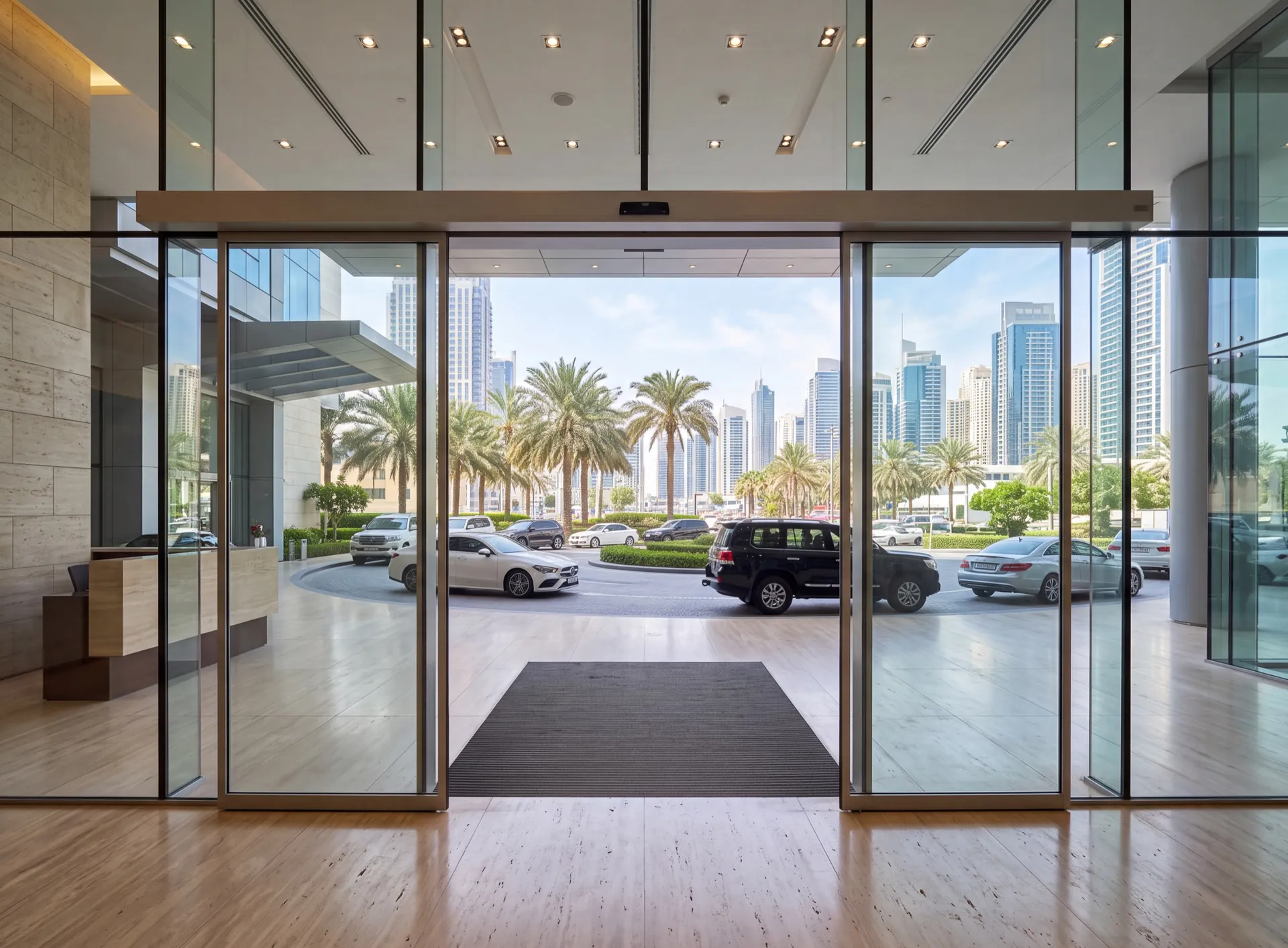 Automatic sliding glass entrance of a Dubai office lobby with the leaves parted and the drive housing running above the opening