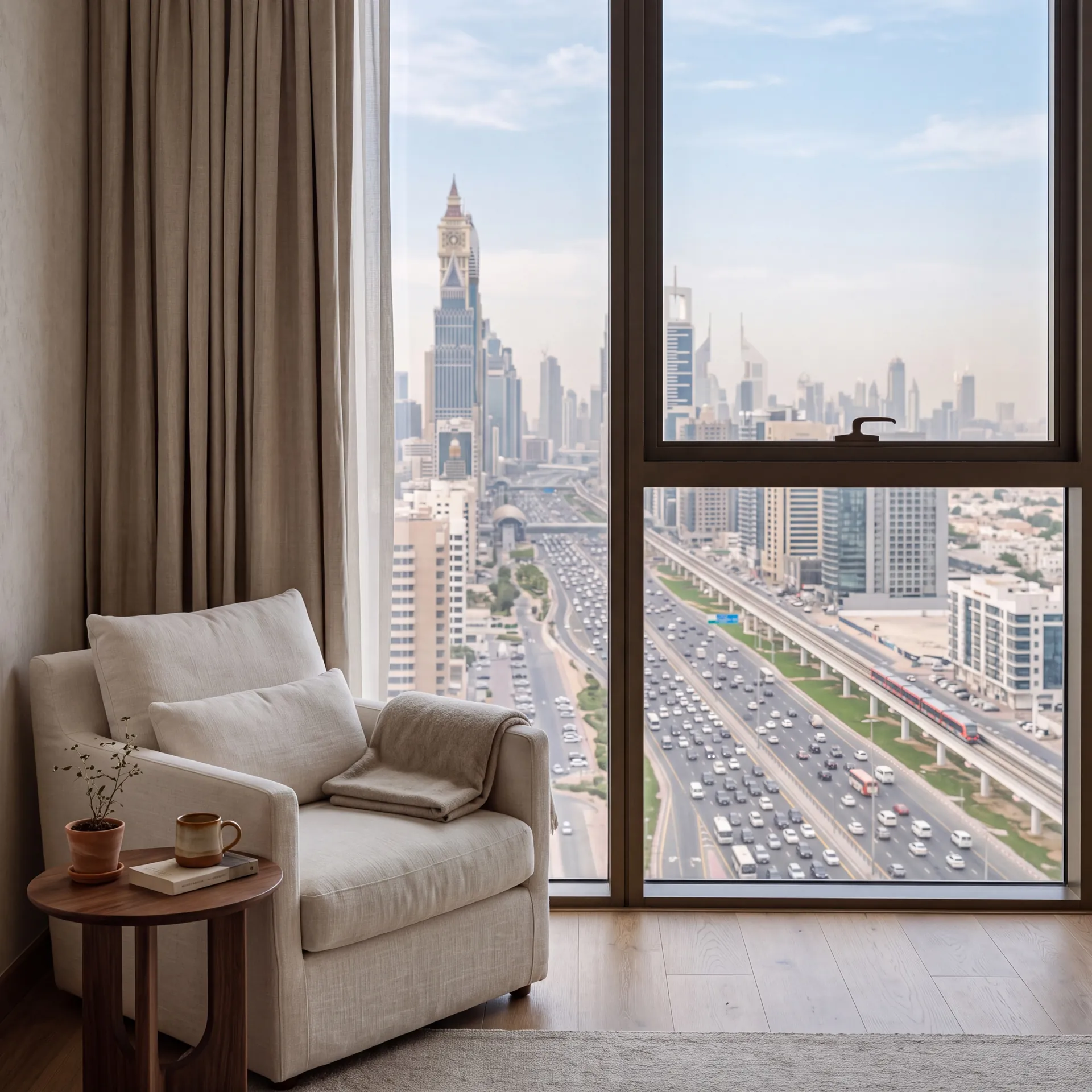 Quiet living room high in a Dubai tower with a wide aluminium framed window looking down on a busy multi-lane motorway