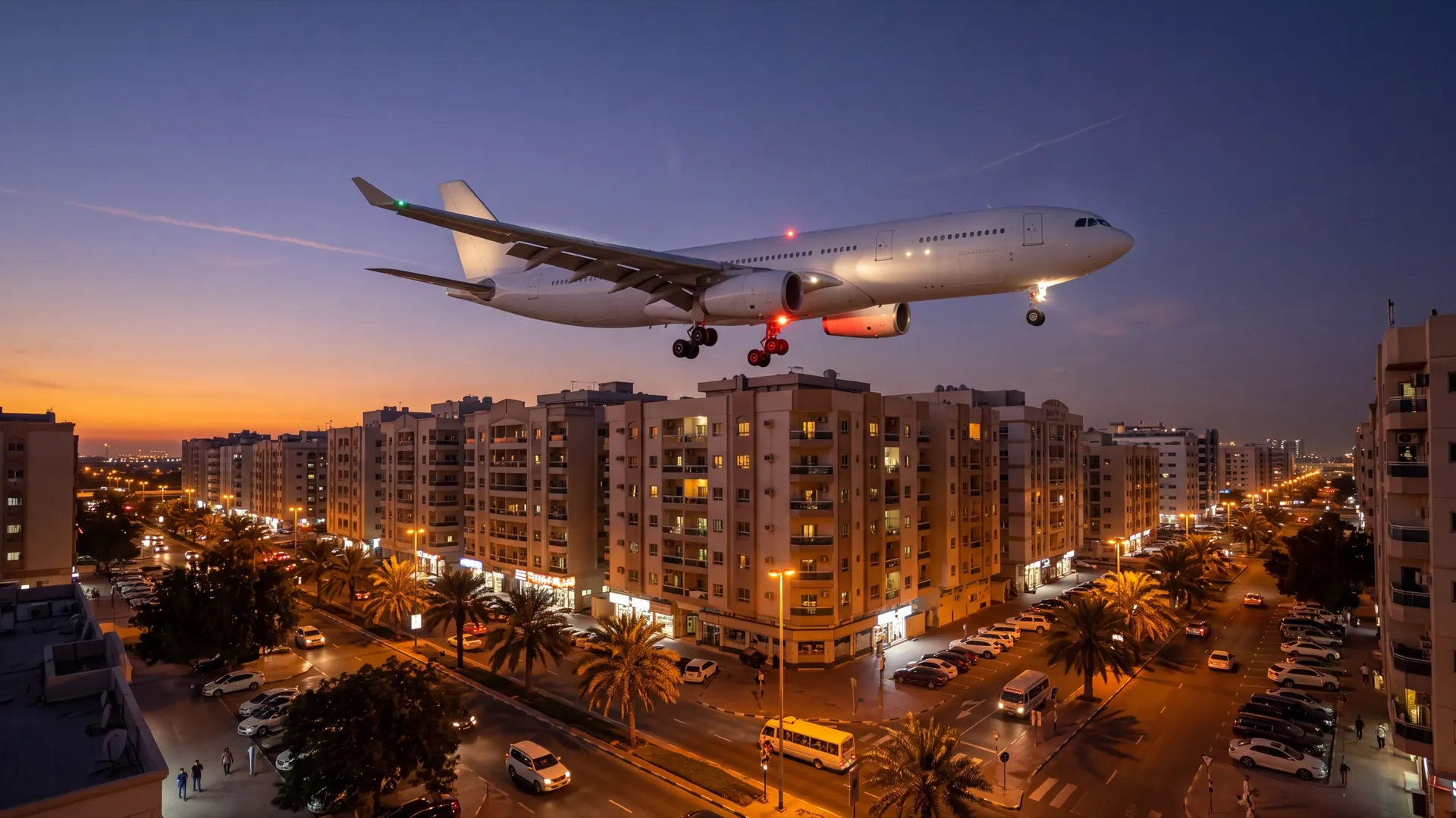 Dubai apartment towers at dusk with an aircraft crossing low above the rooftops on approach