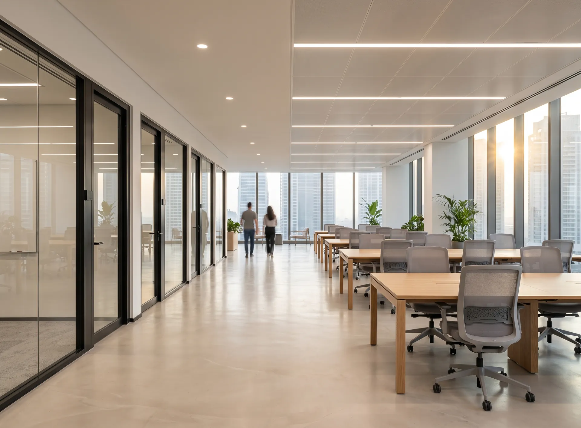 Wide view across a Dubai office floor plate with glazed meeting rooms along one side and open desking, daylight reaching deep into the plan