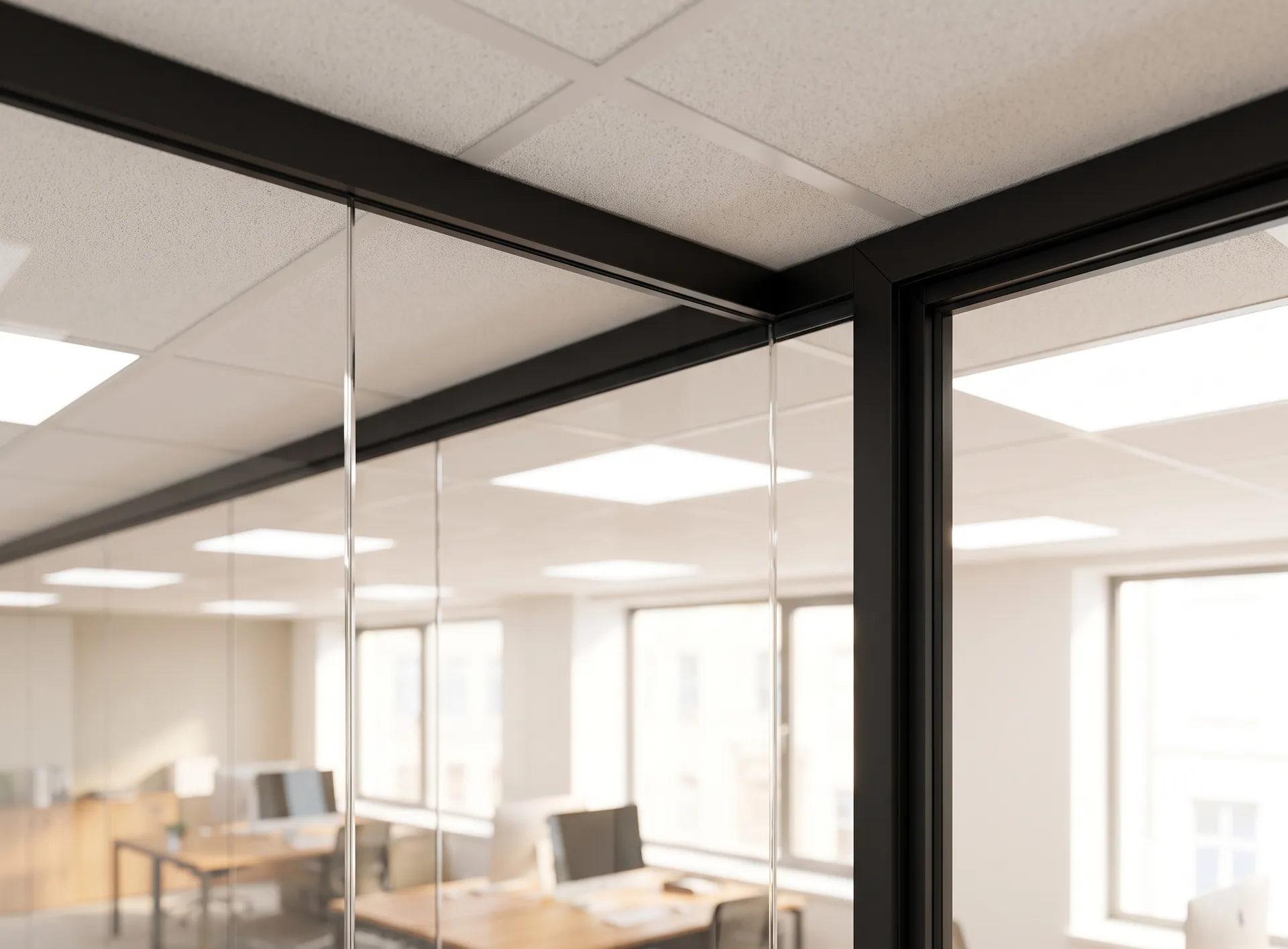 Close detail of the aluminium head channel where a full-height glass office partition meets the suspended ceiling, with the office beyond out of focus