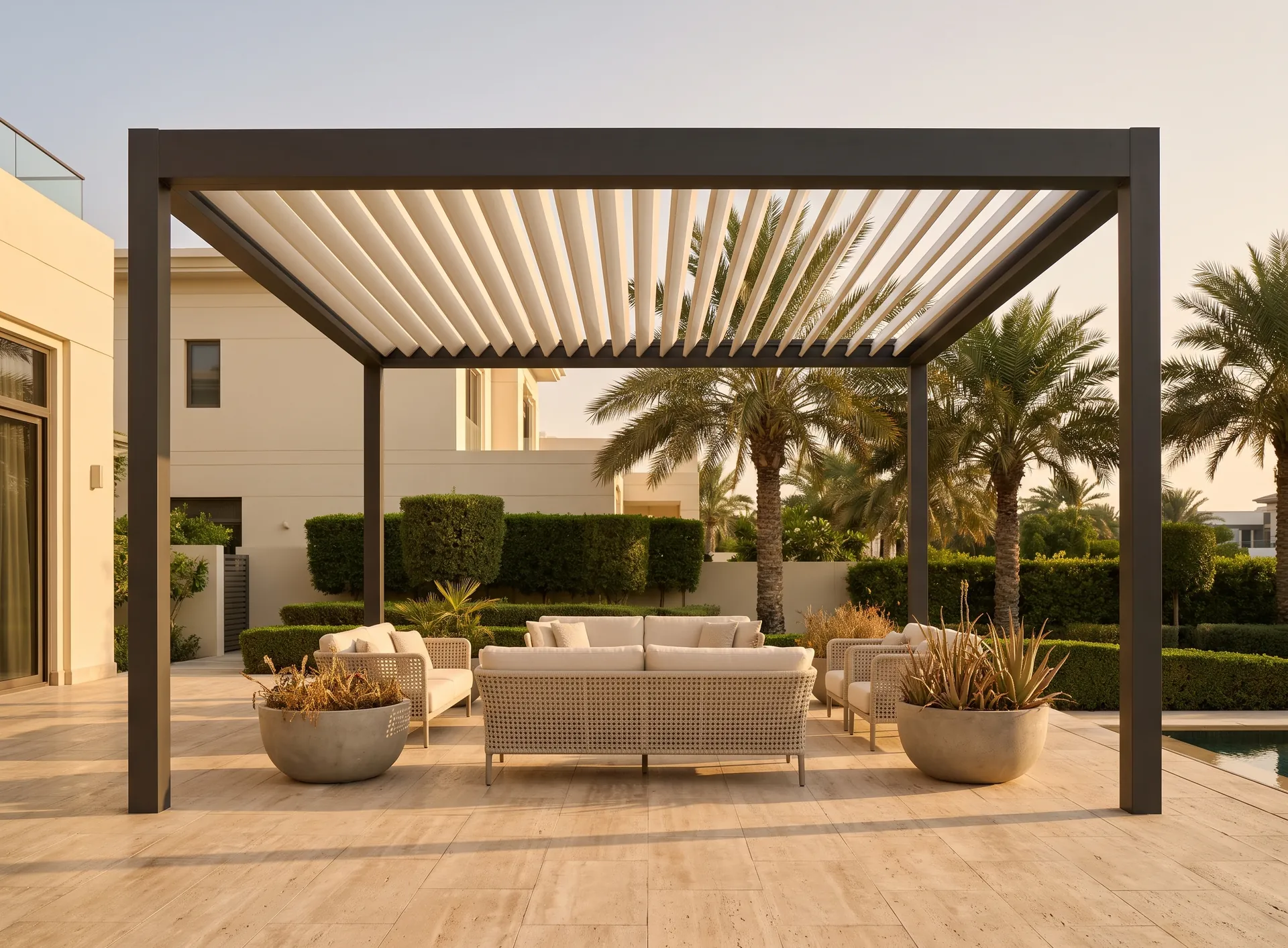 Freestanding aluminium louvered pergola over a stone terrace at a Dubai villa, roof blades half open casting striped shadows
