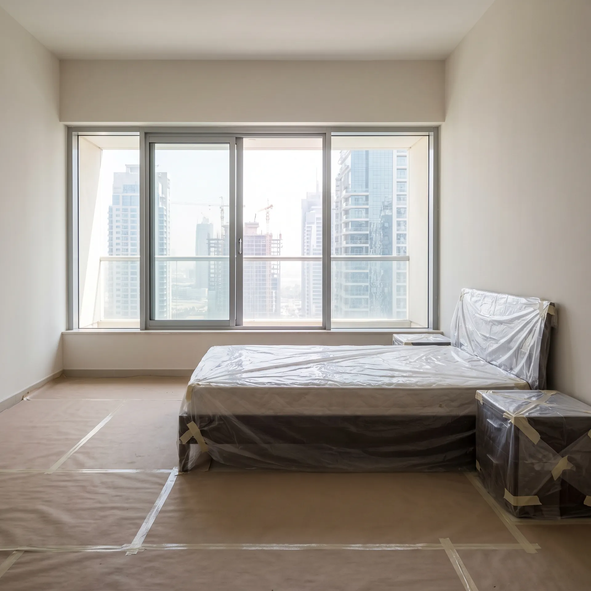 Bedroom in a Dubai apartment prepared for window replacement, furniture pulled to the centre under clean protective sheeting and the floor covered