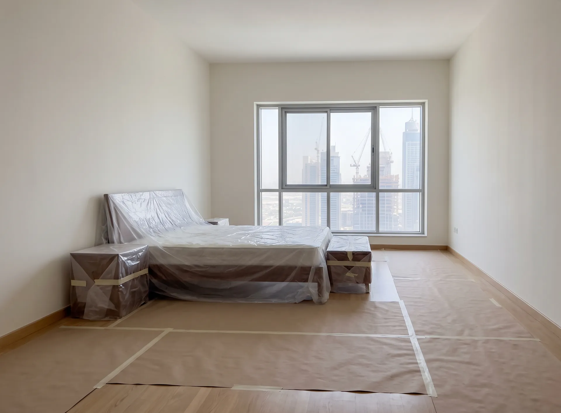 Bedroom in a Dubai apartment prepared for window replacement, furniture pulled to the centre under clean protective sheeting and the floor covered