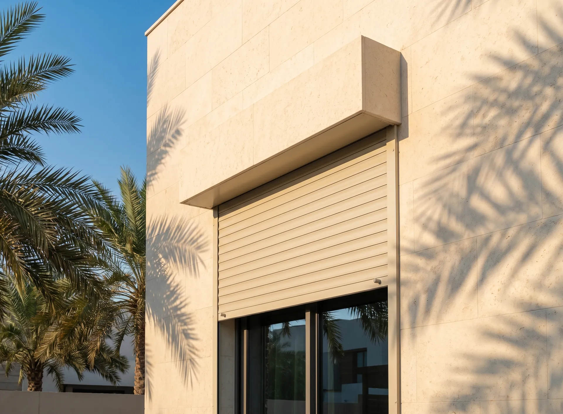 Aluminium roller shutter half lowered over a villa window in Dubai, slat profile, guide rails and the box above the opening clearly visible