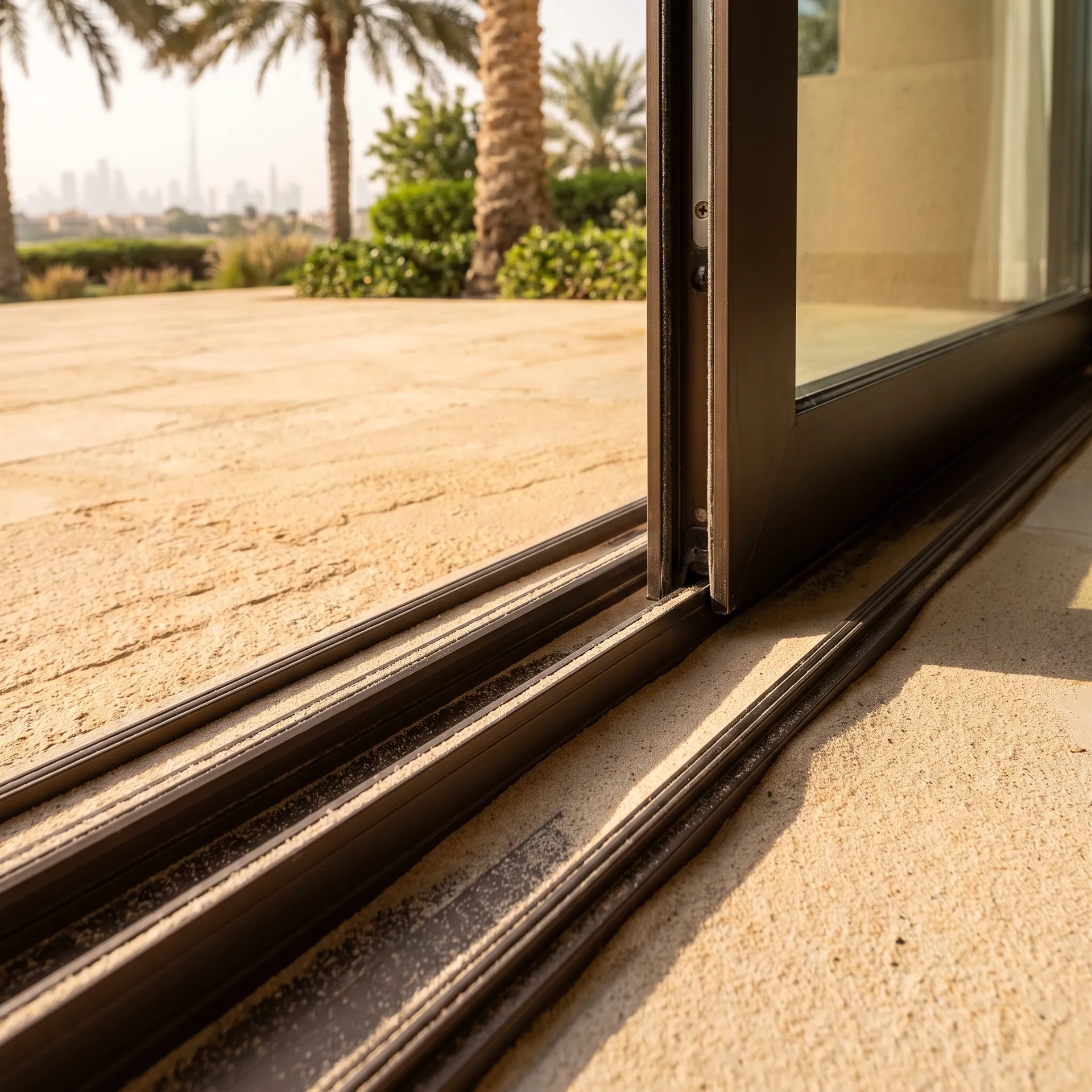Sand drifted into the bottom track of a large aluminium sliding door on a Dubai villa terrace