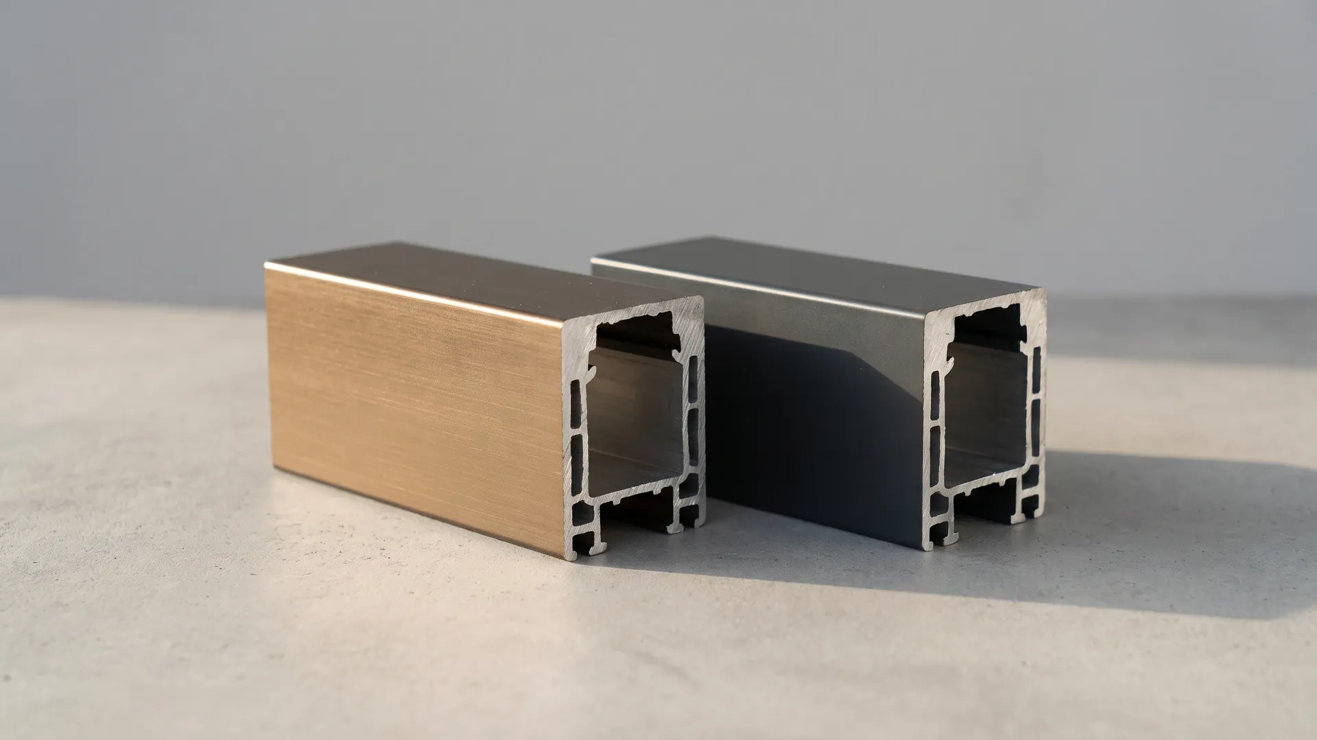 Bronze anodised and matt powder-coated aluminium profile offcuts side by side under raking daylight