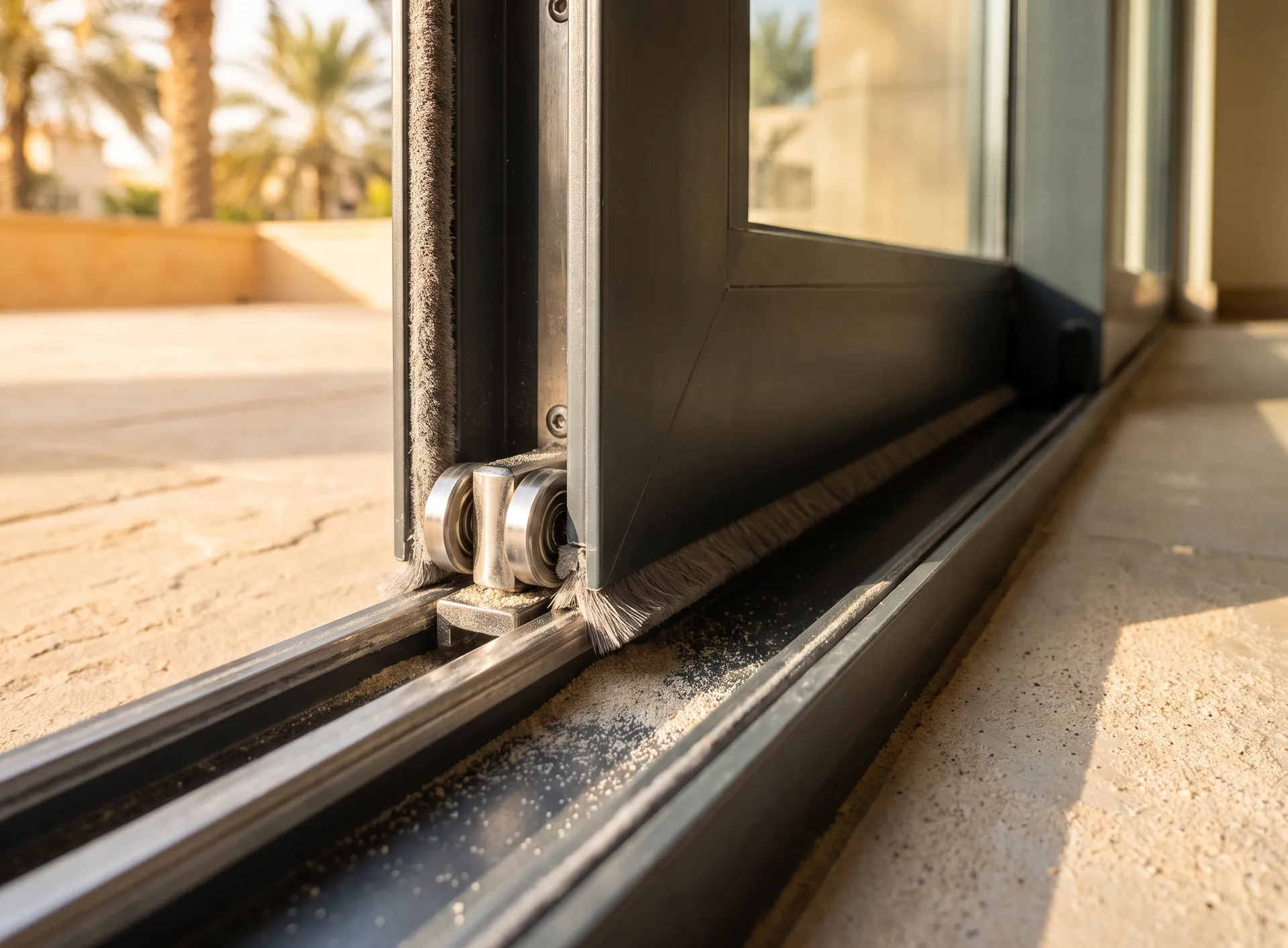 Bottom track of a large aluminium sliding door with fine sand collected in the channel beside the roller carriage and brush seal
