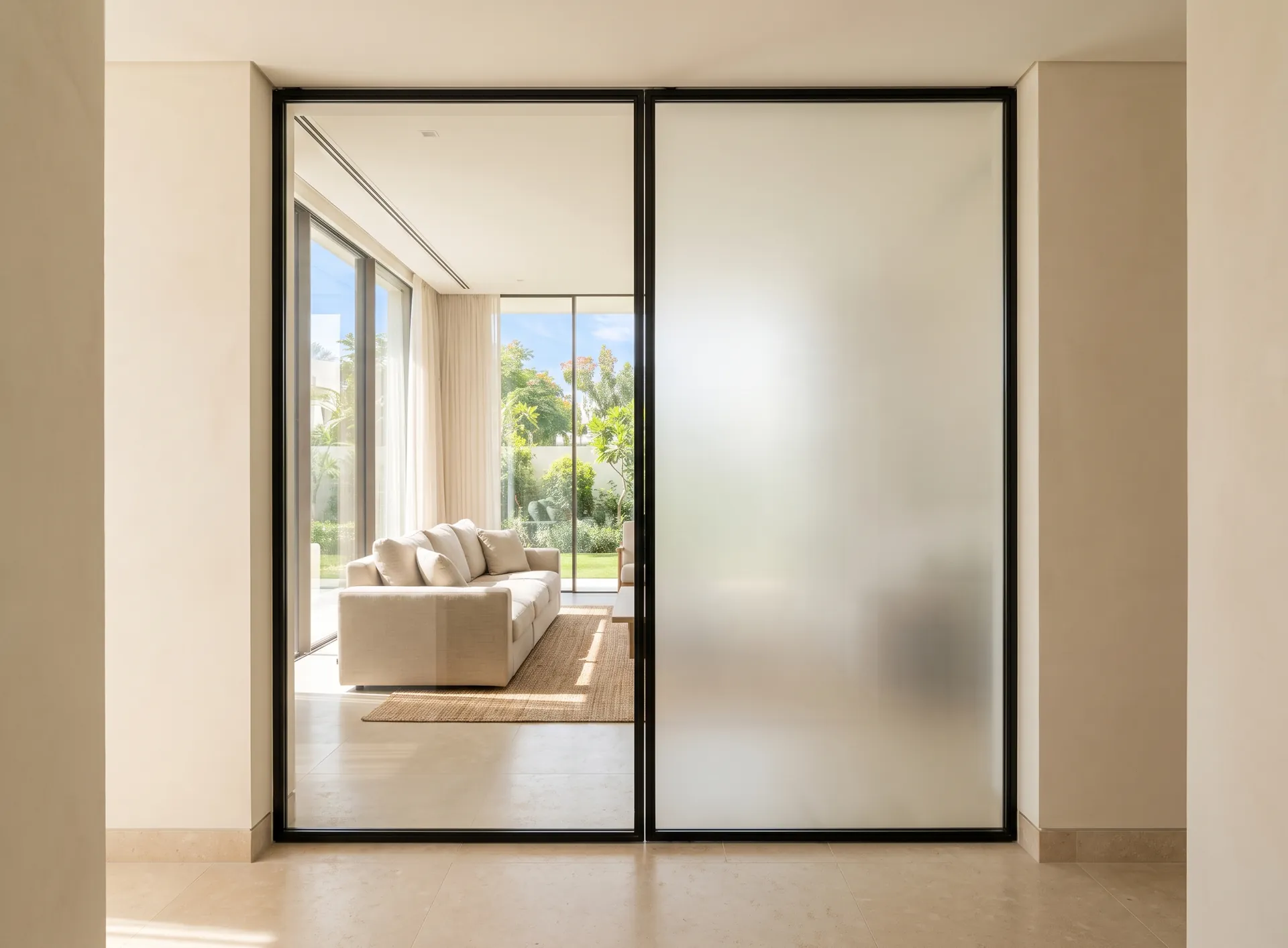 Switchable privacy glass partition in a modern Dubai villa with one pane clear and the neighbouring pane opaque white