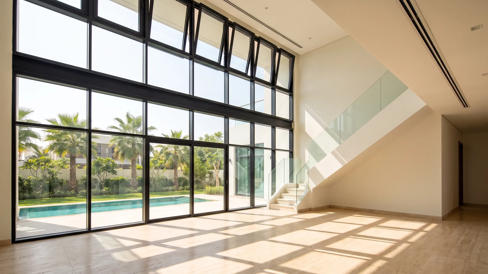 High-level aluminium fanlight sashes standing open above a double-height glazed wall in a Dubai villa hall