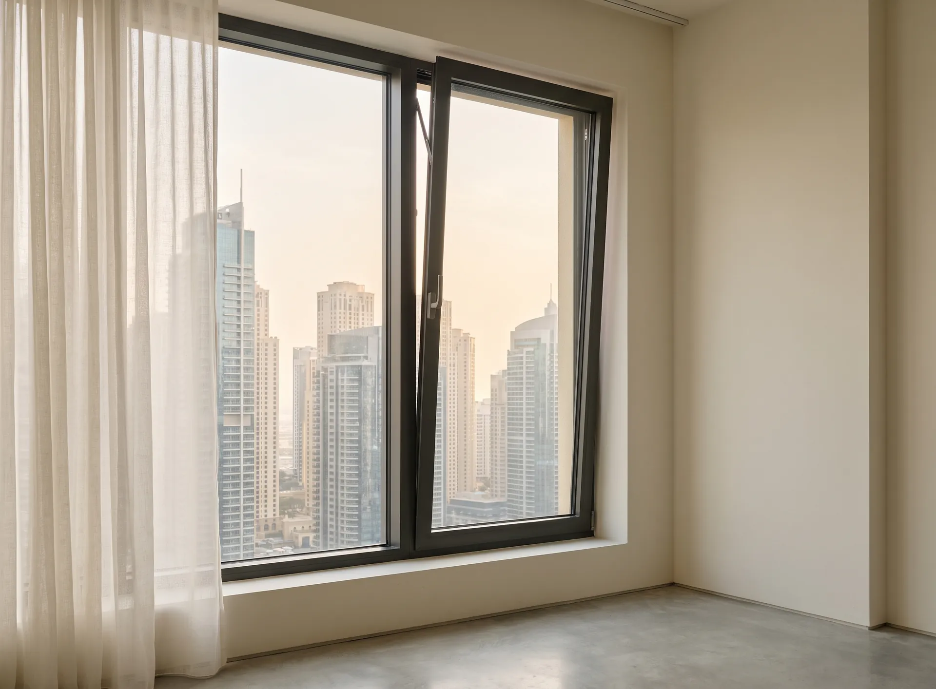 Aluminium tilt-and-turn window in a Dubai apartment tilted open at the top for ventilation, city towers visible beyond