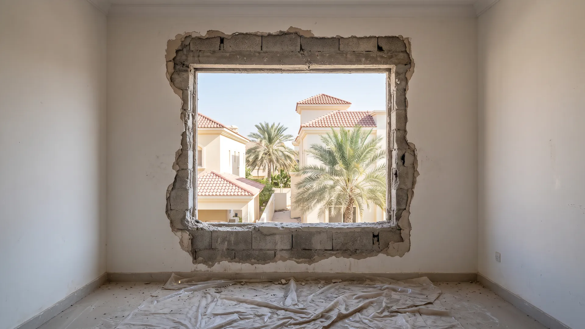 Window opening in a Dubai villa with the old frame removed showing bare blockwork and broken render around the reveal