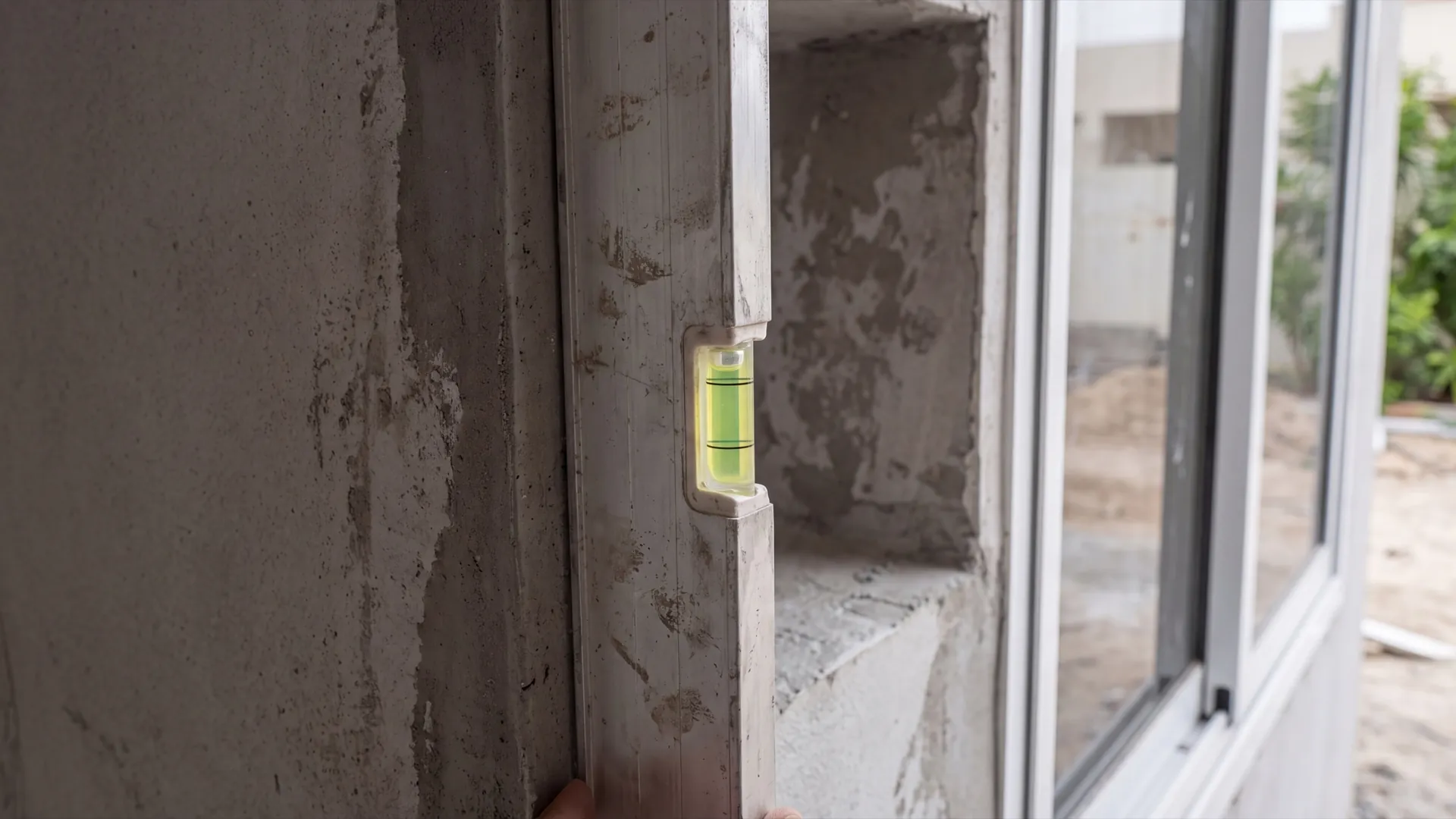 Long spirit level standing against the bare plaster side of a window reveal with the bubble clearly off centre