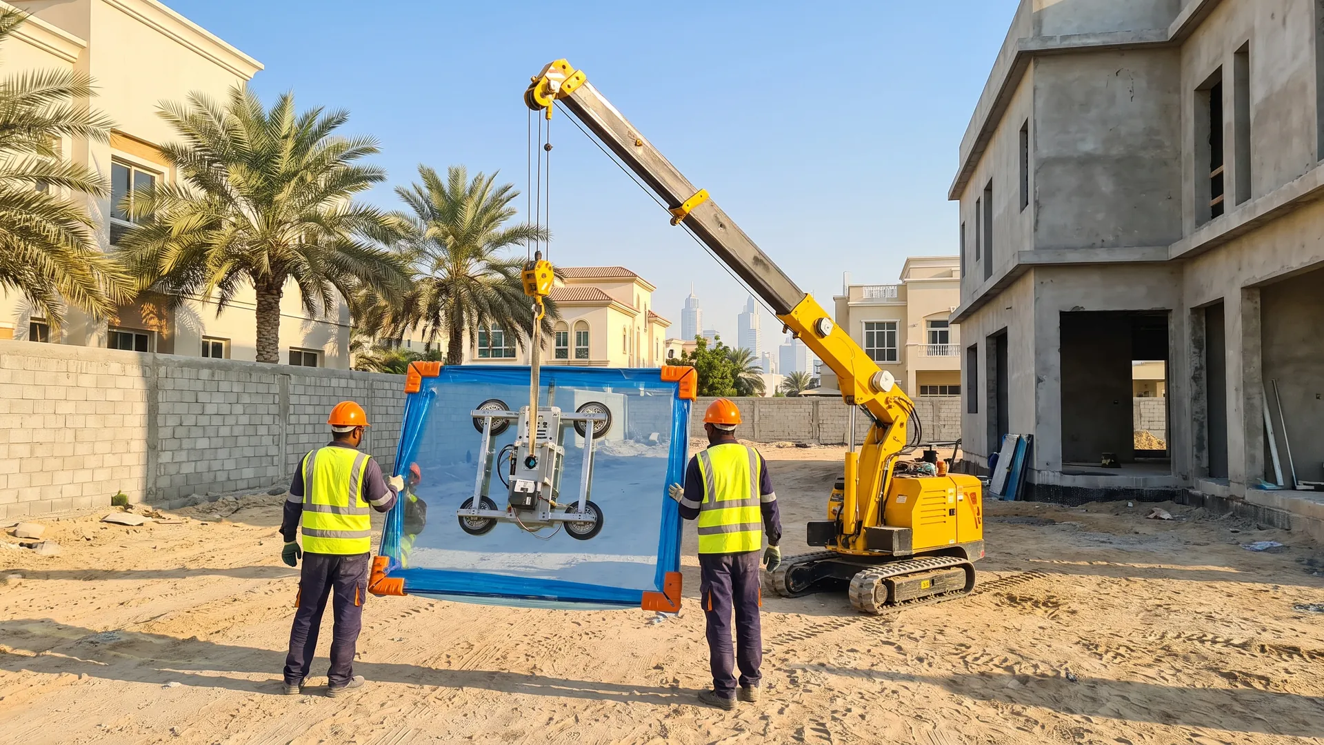 Packed glazing panel on vacuum lifters beside a mobile crane on a Dubai plot, ready to be lifted to an upper floor