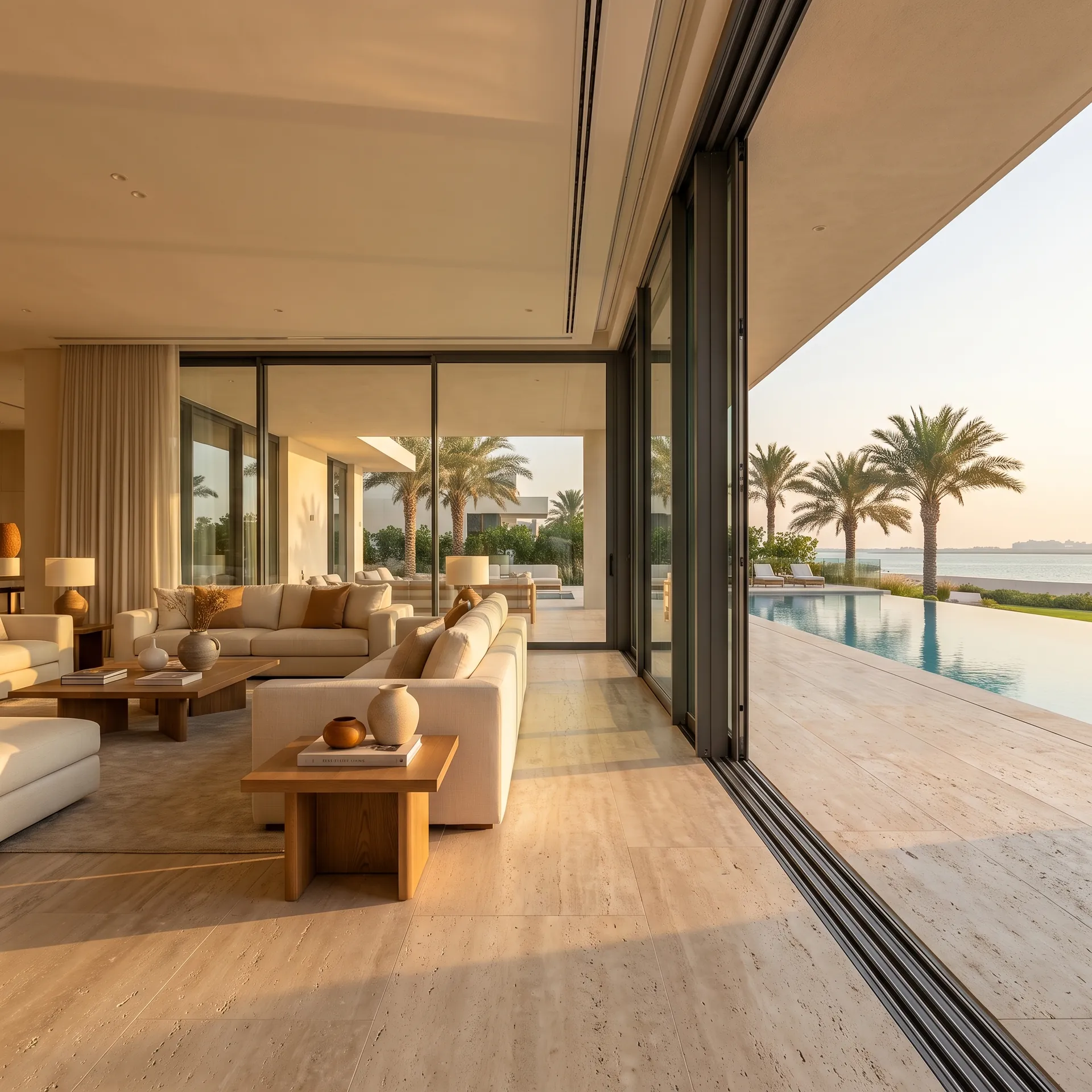 Wide floor-to-ceiling aluminium sliding glazing in a Dubai villa living room opening onto a pool terrace in late afternoon light
