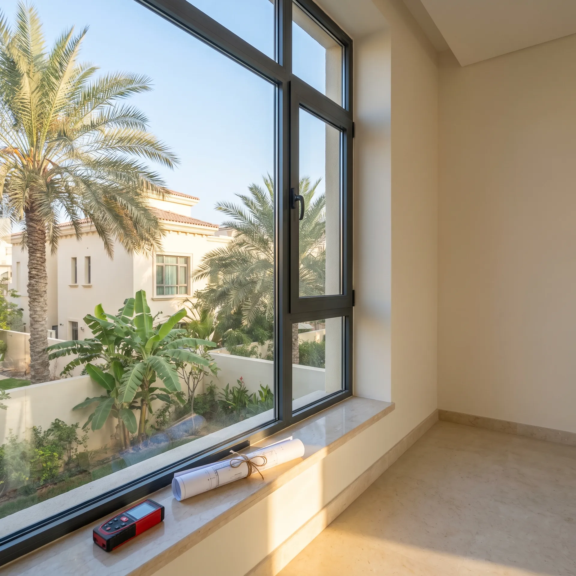 Empty Dubai villa room with a large aluminium window opening, a laser measure and a folded drawing on the marble sill in morning light